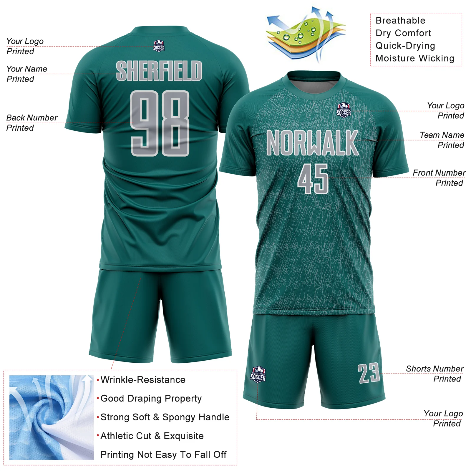 Custom Teal Gray-White Abstract Scribble Curve Line Pattern Sports Sublimation Soccer Uniform Jersey - Image 4
