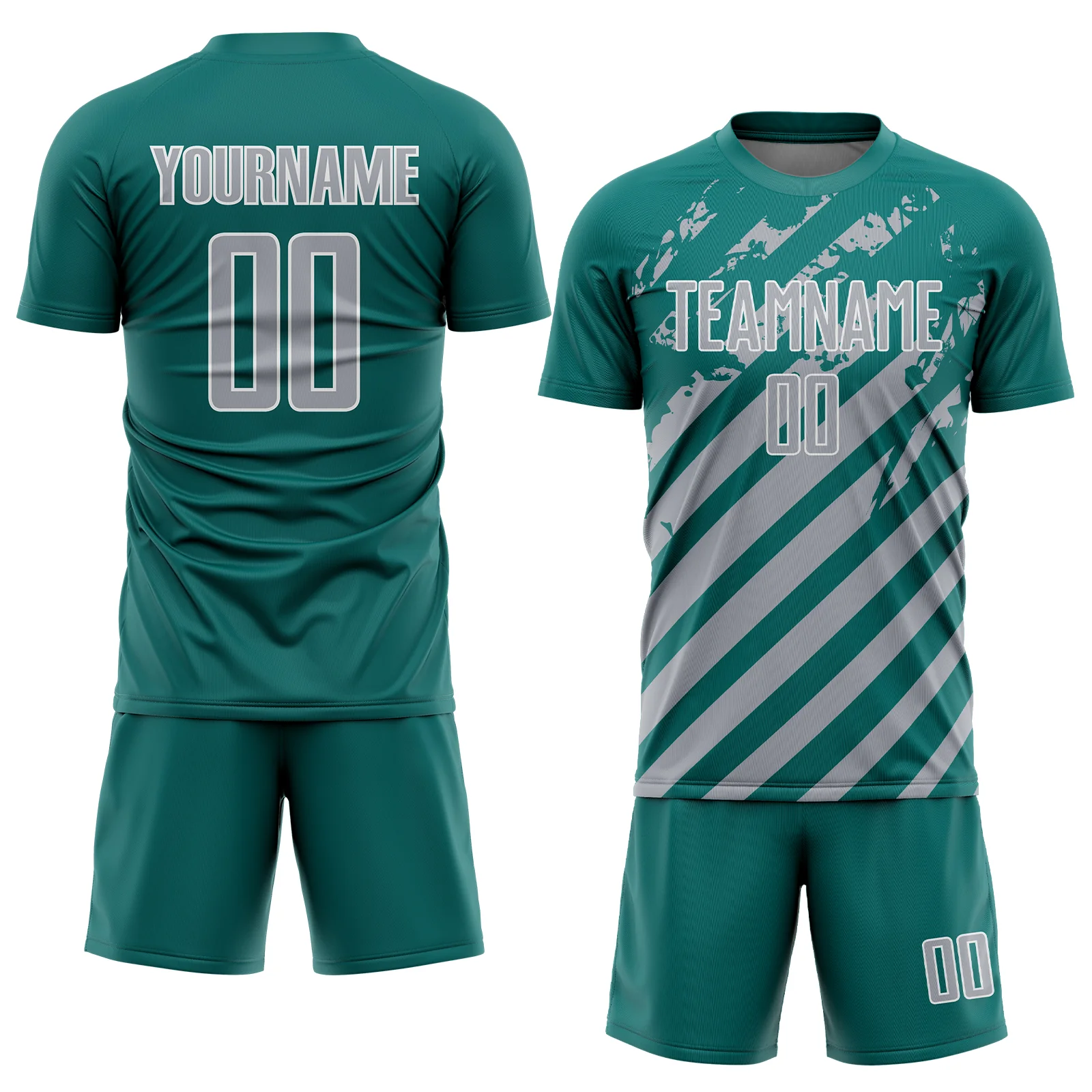 Custom Teal Gray-White Distressed Diagonal Stripe Pattern Sports Sublimation Soccer Uniform Jersey - Image 2
