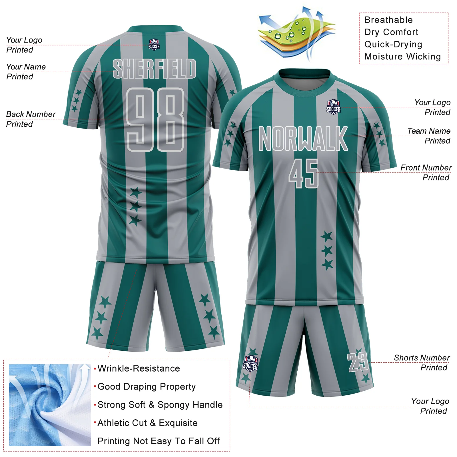 Custom Teal Gray-White Stars And Stripes Sports Sublimation Soccer Uniform Jersey - Image 4