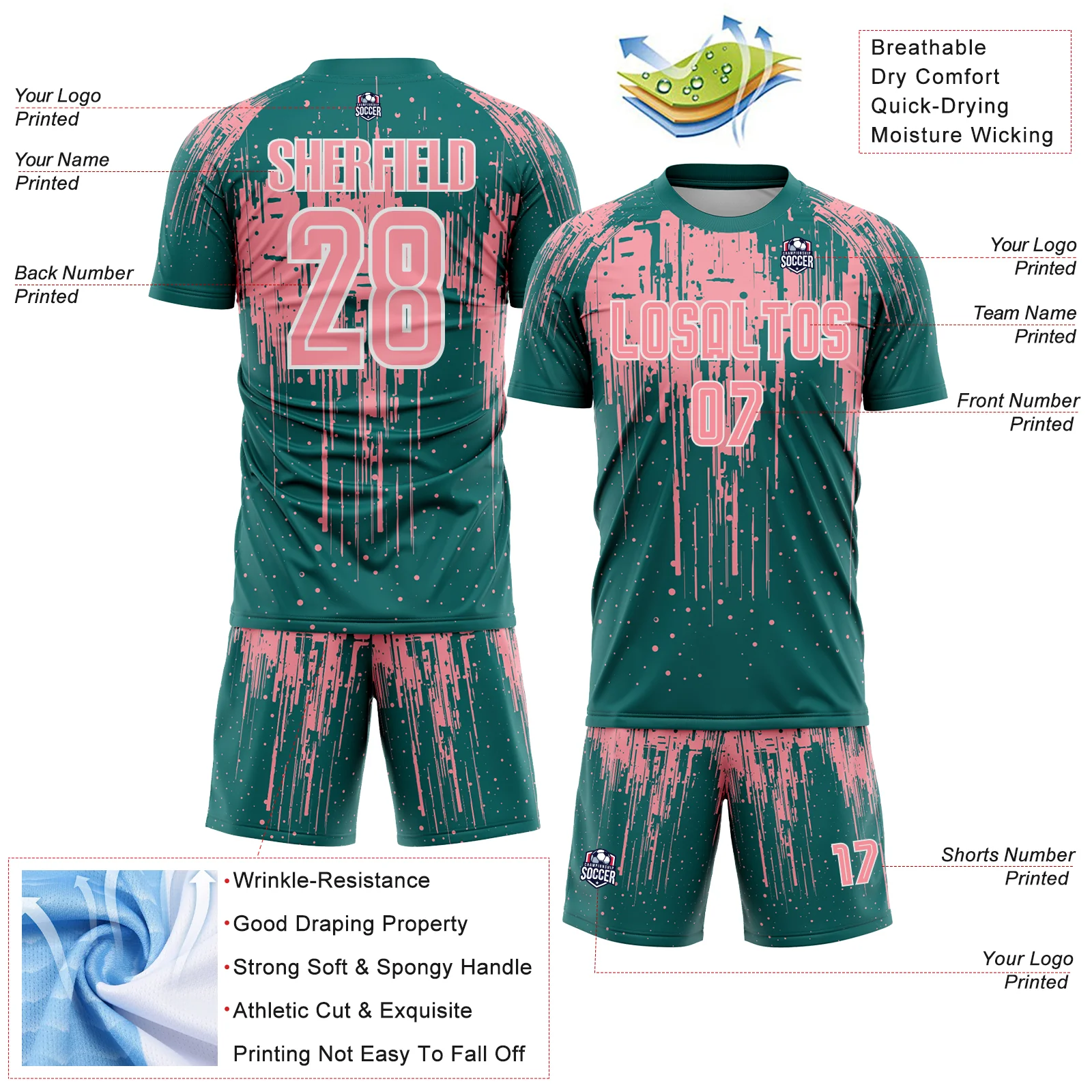 Custom Teal Medium Pink-White Dripping Splatte Pattern Sports Sublimation Soccer Uniform Jersey - Image 4
