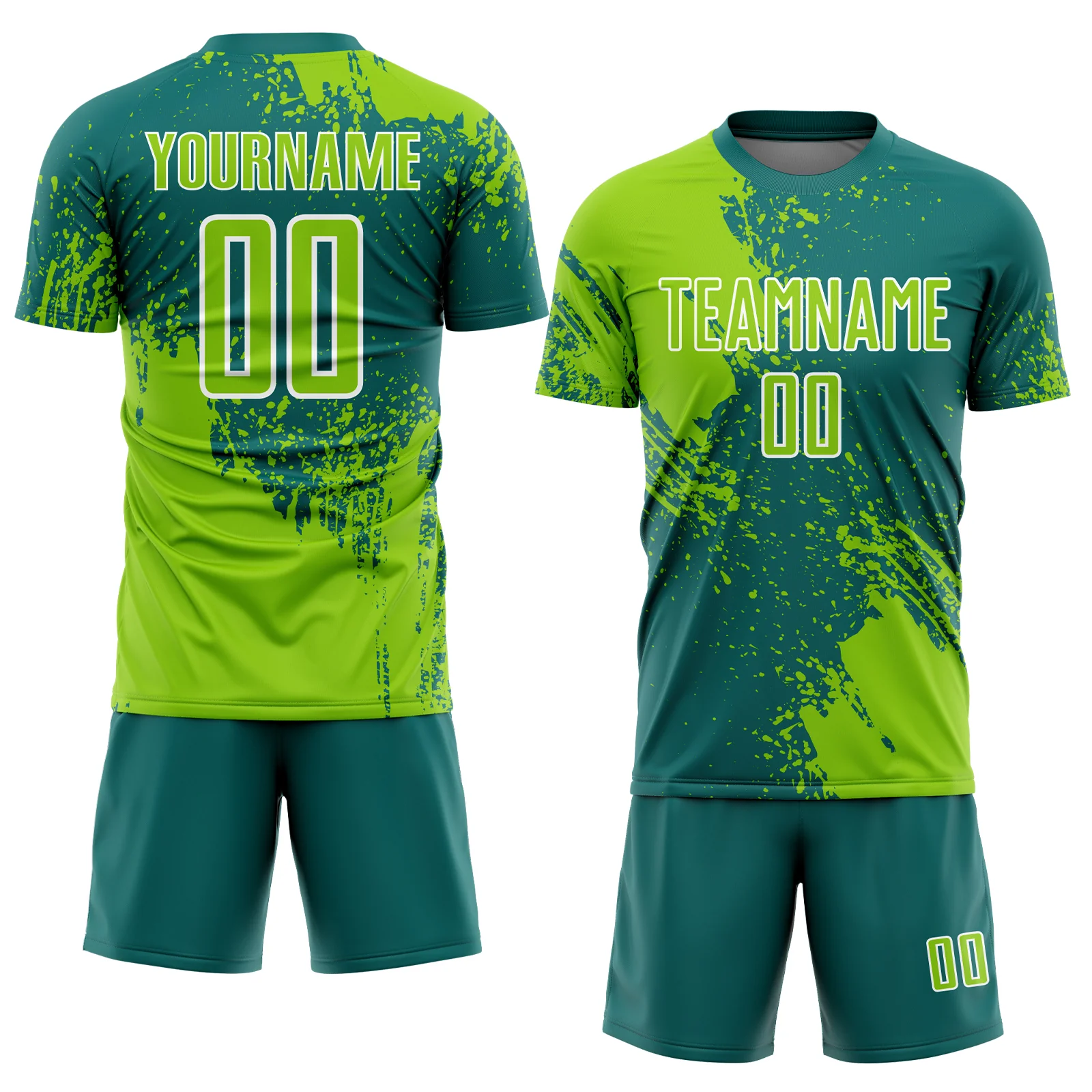 Custom Teal Neon Green-White Abstract Brush Stroke Sports Sublimation Soccer Uniform Jersey - Image 2