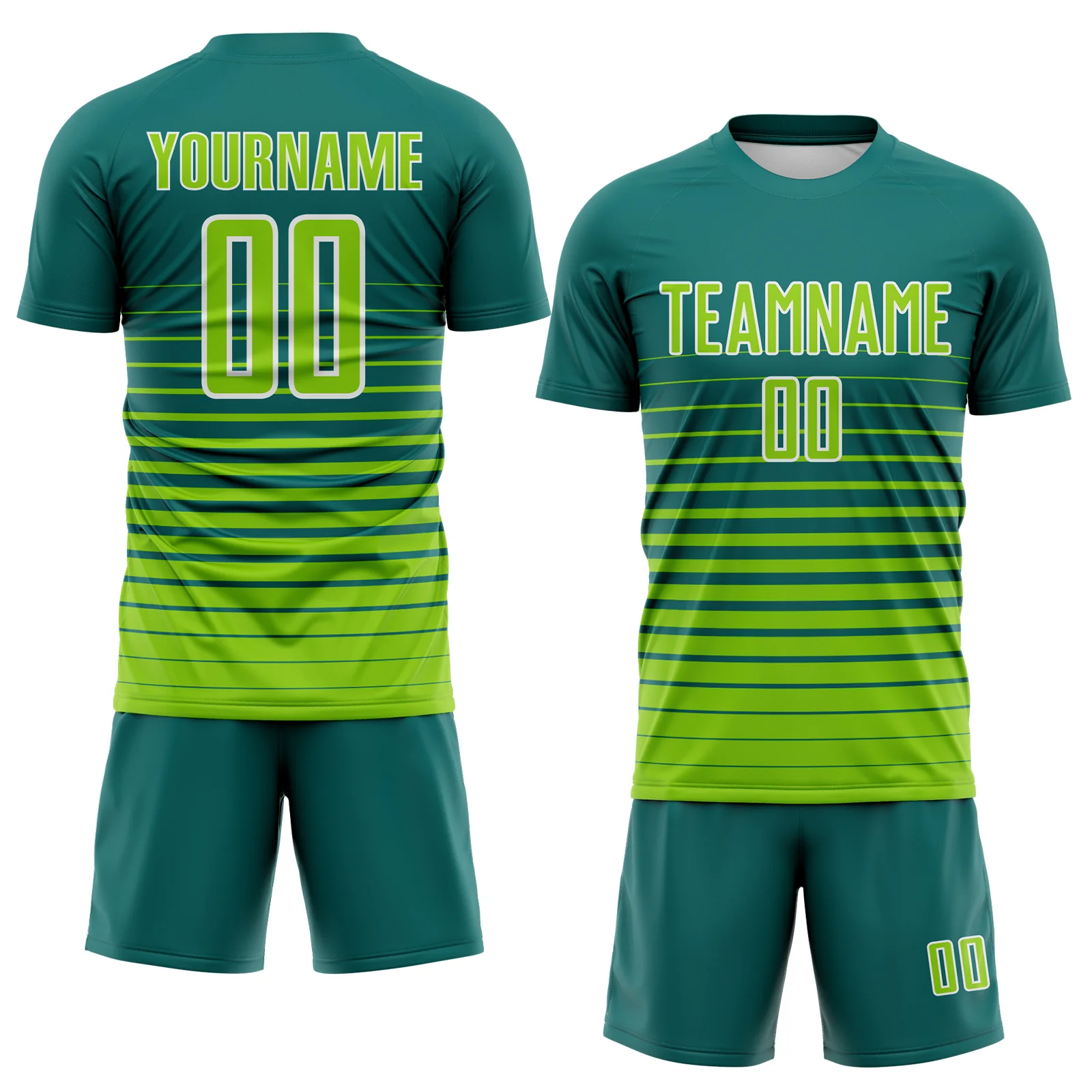 Custom Teal Neon Green-White Gradient Pinstripe Sublimation Soccer Uniform Jersey - Image 2