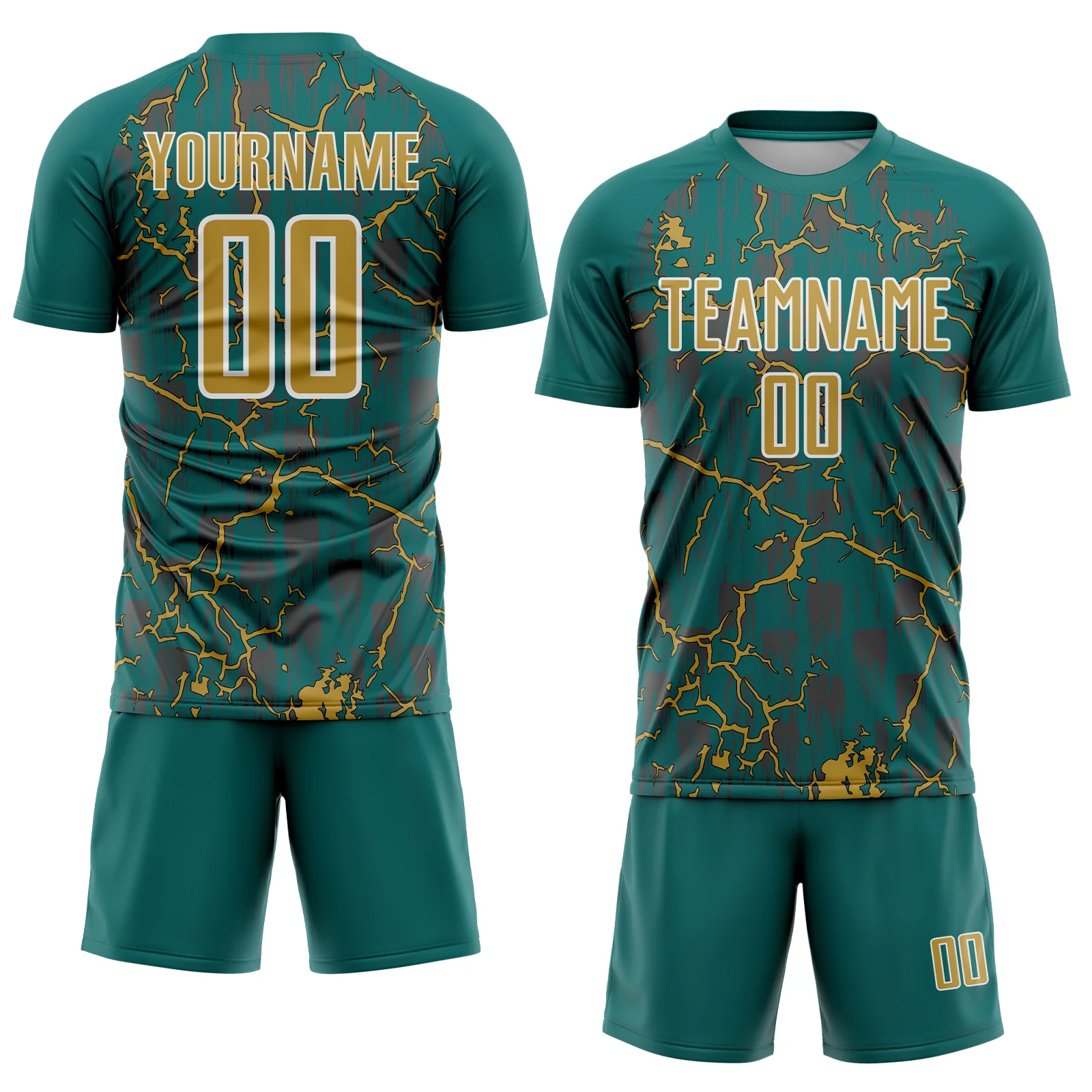 Custom Teal Old Gold-White Lightning Sublimation Soccer Uniform Jersey - Image 2