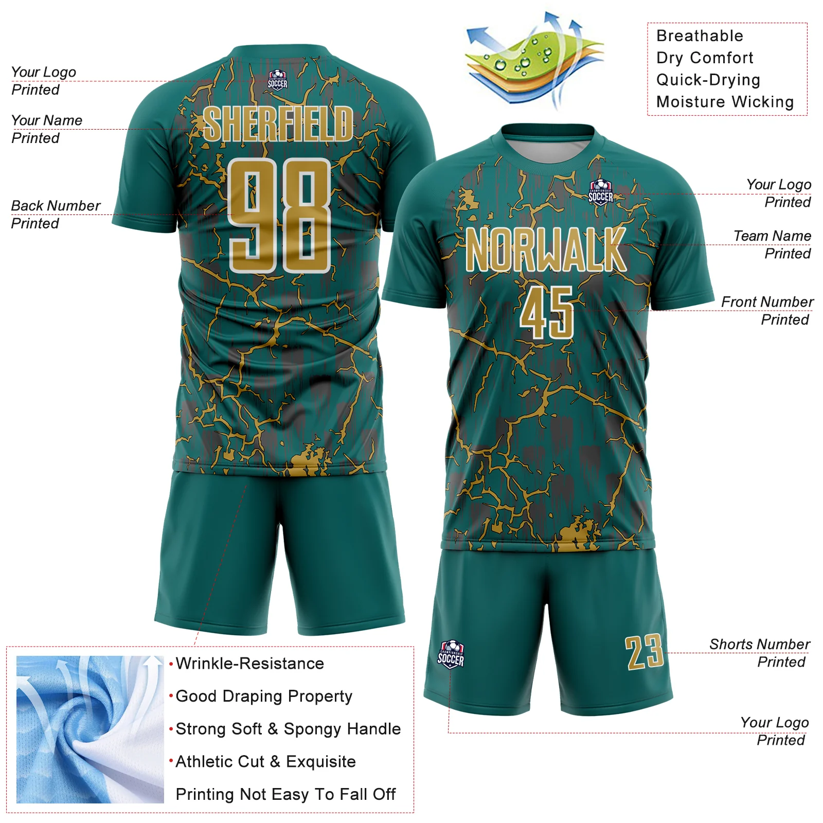 Custom Teal Old Gold-White Lightning Sublimation Soccer Uniform Jersey - Image 4