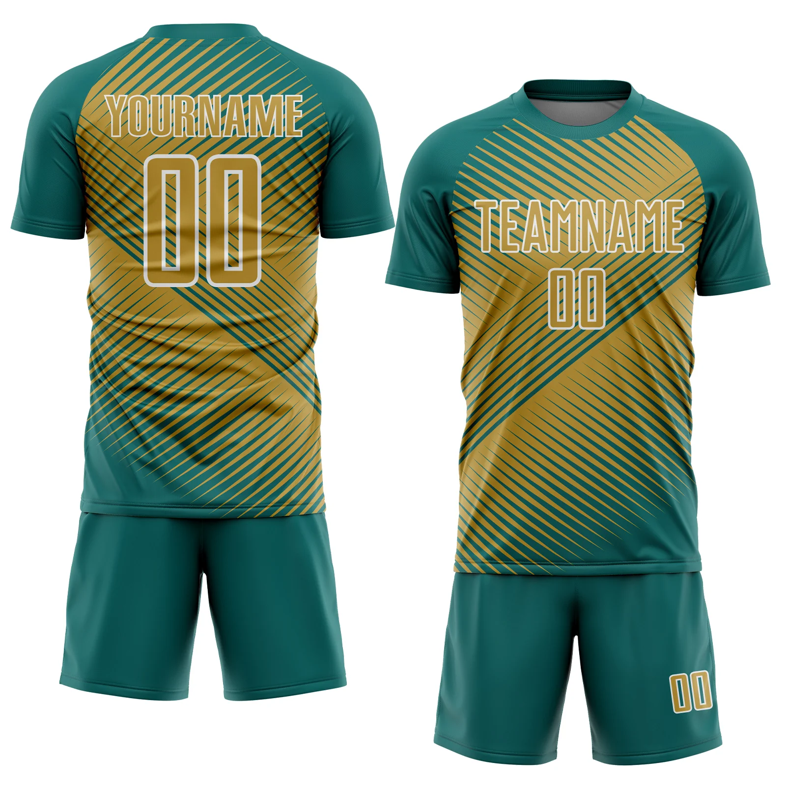Custom Teal Old Gold-White Line Sublimation Soccer Uniform Jersey - Image 2