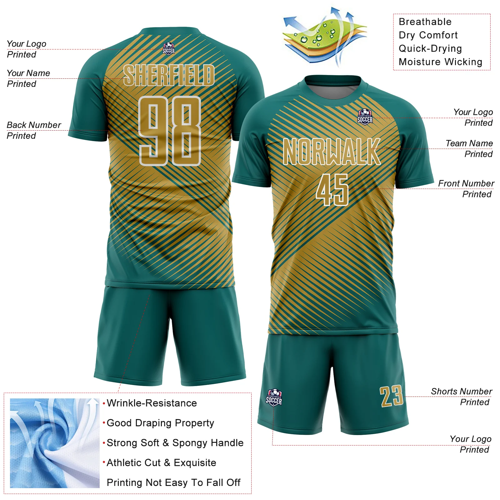 Custom Teal Old Gold-White Line Sublimation Soccer Uniform Jersey - Image 4