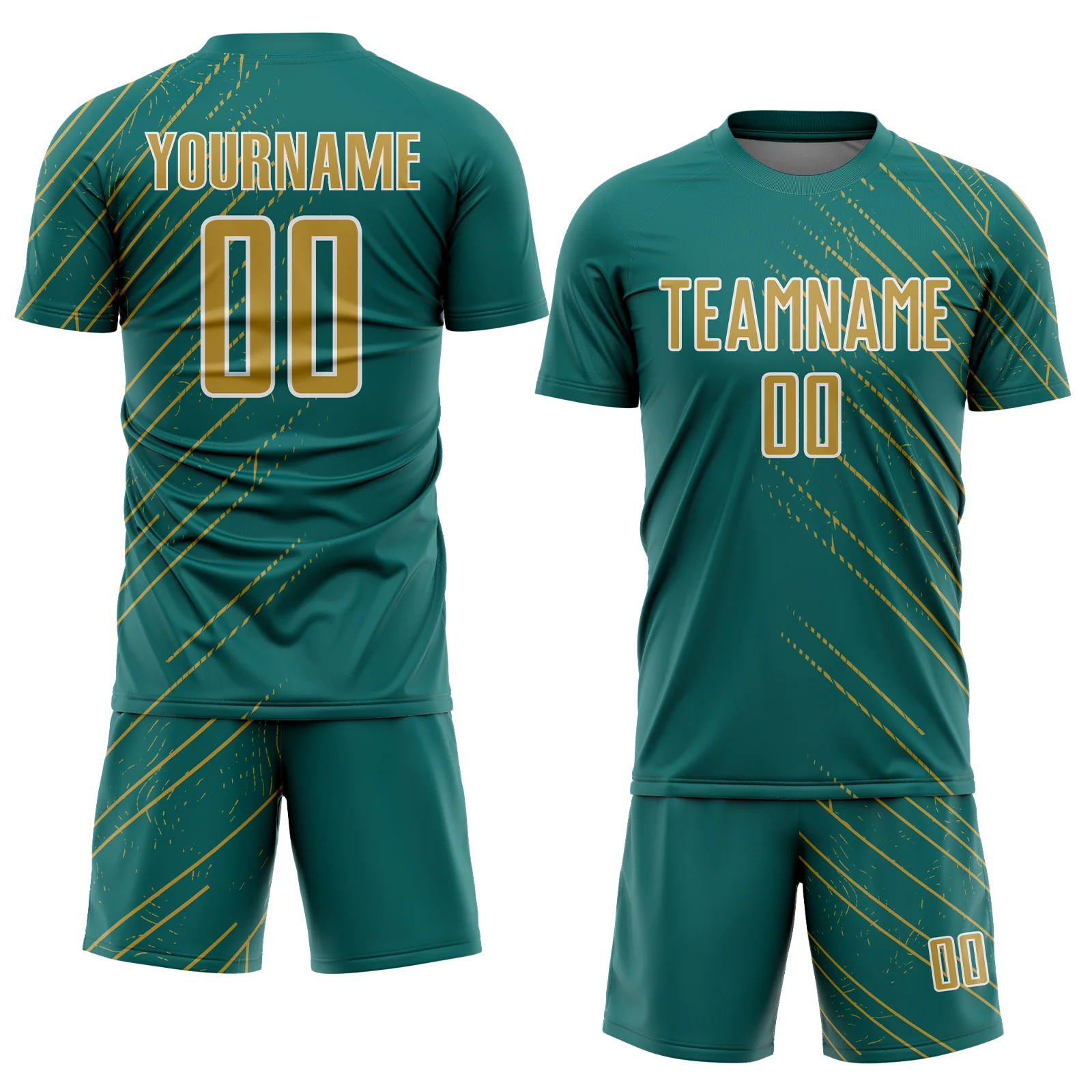 Custom Teal Old Gold-White Lines Sports Sublimation Soccer Uniform Jersey - Image 2