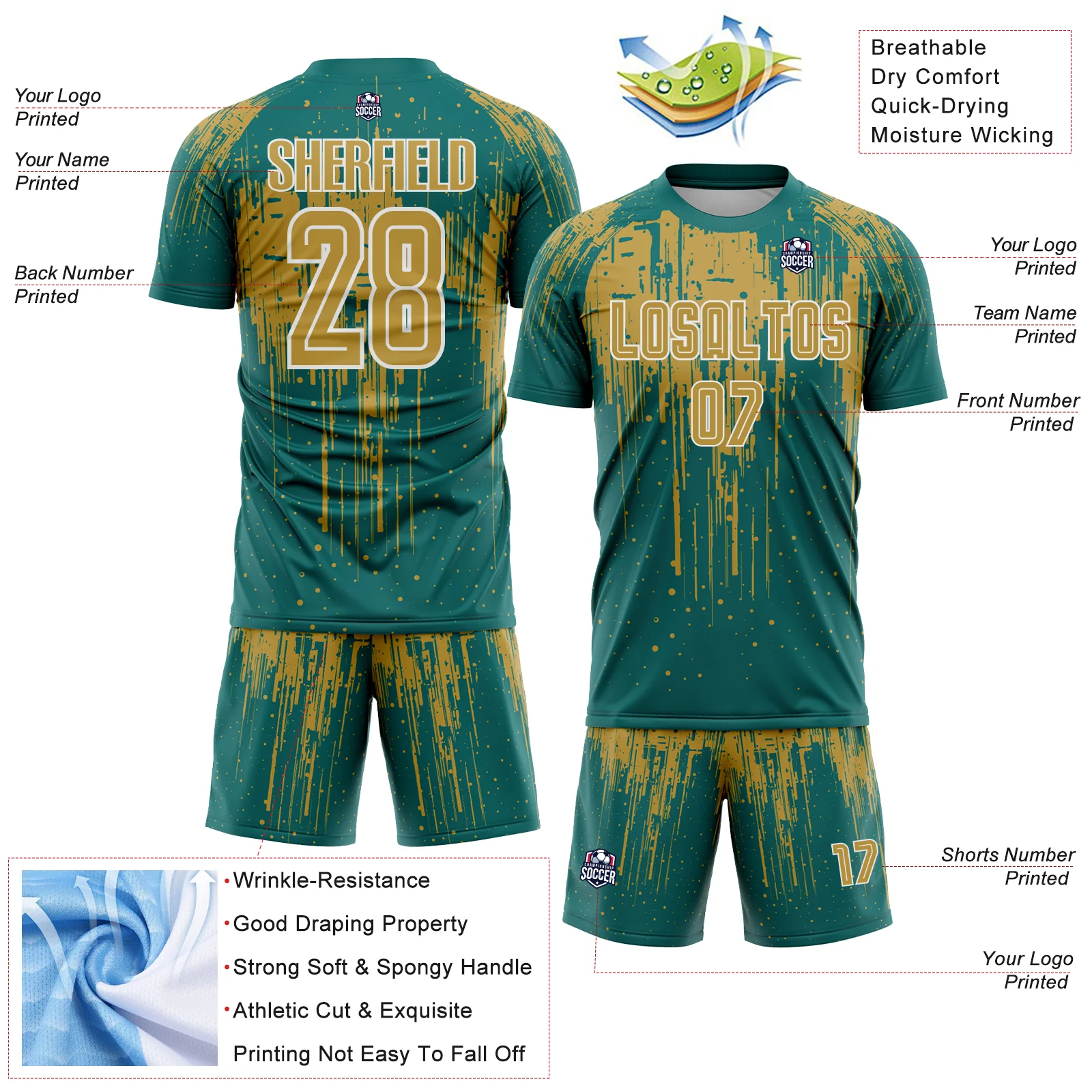 Custom Teal Old Gold-White Dripping Splatte Pattern Sports Sublimation Soccer Uniform Jersey - Image 4