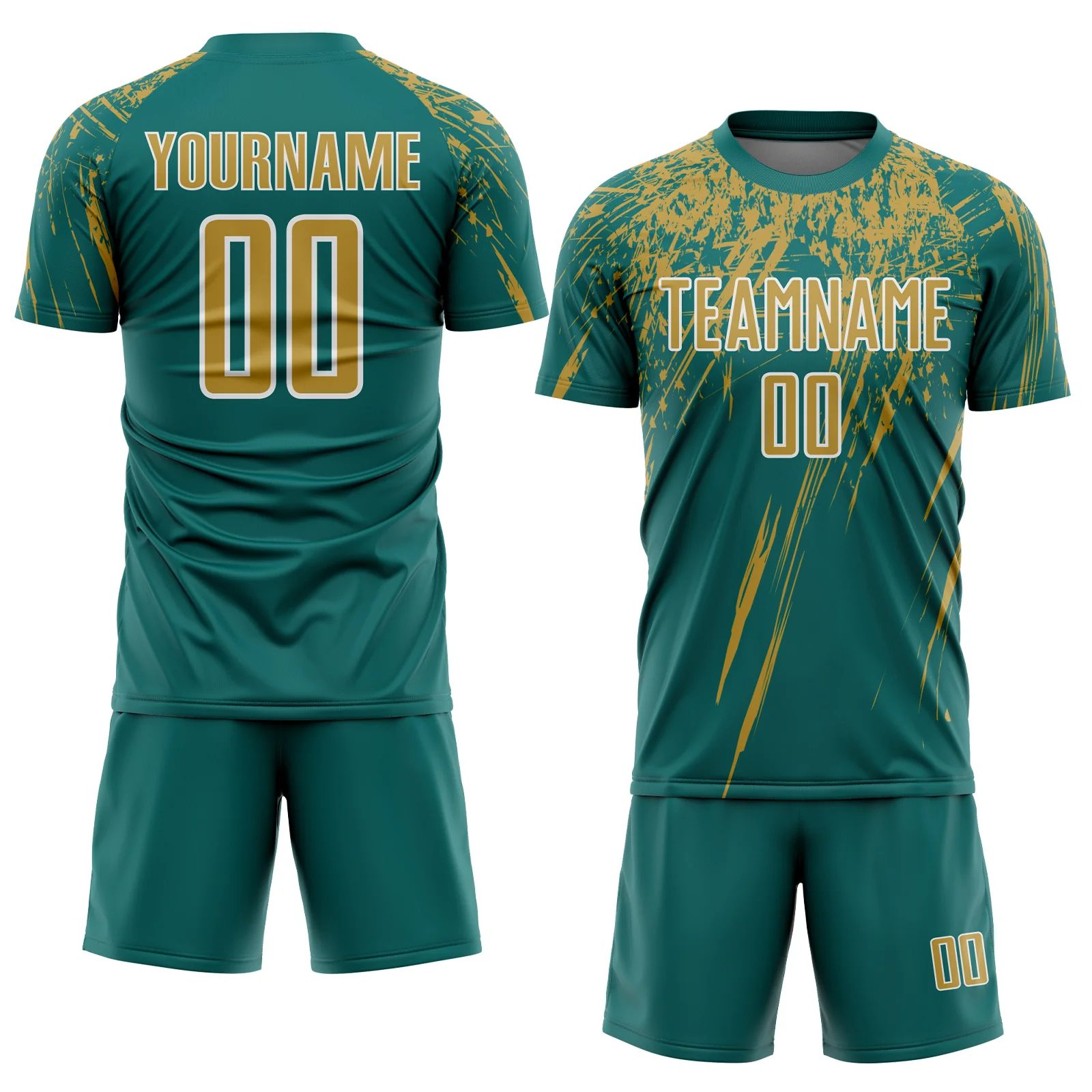 Custom Teal Old Gold-White Splash Sports Sublimation Soccer Uniform Jersey - Image 2