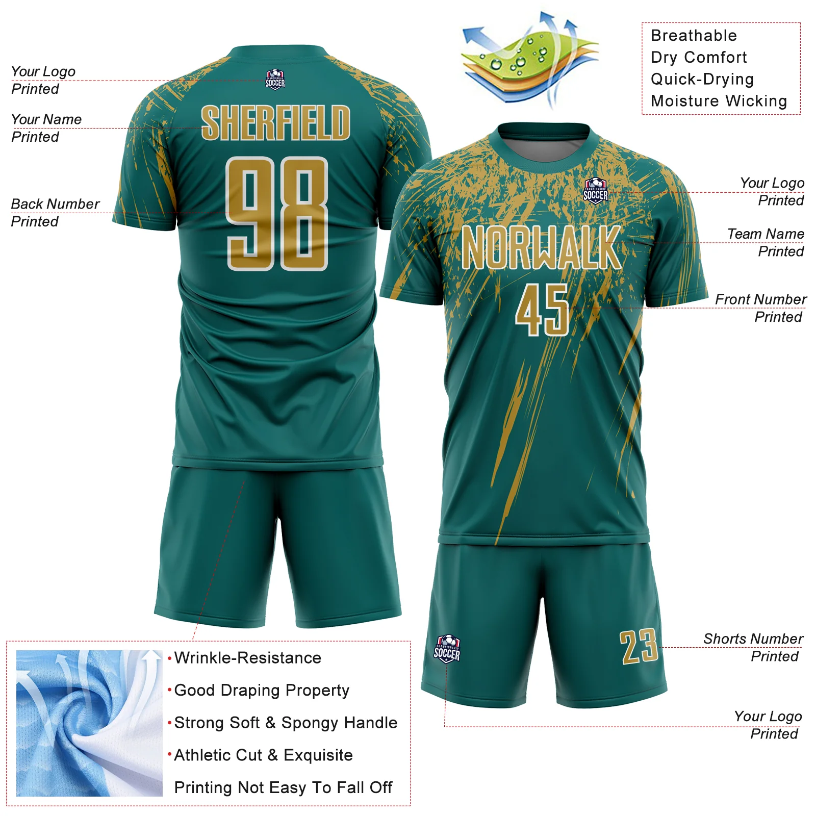 Custom Teal Old Gold-White Splash Sports Sublimation Soccer Uniform Jersey - Image 4