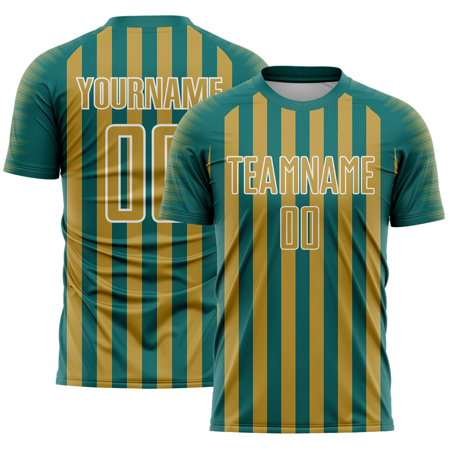 Custom Teal Old Gold-White Stripe Sports Sublimation Soccer Uniform Jersey