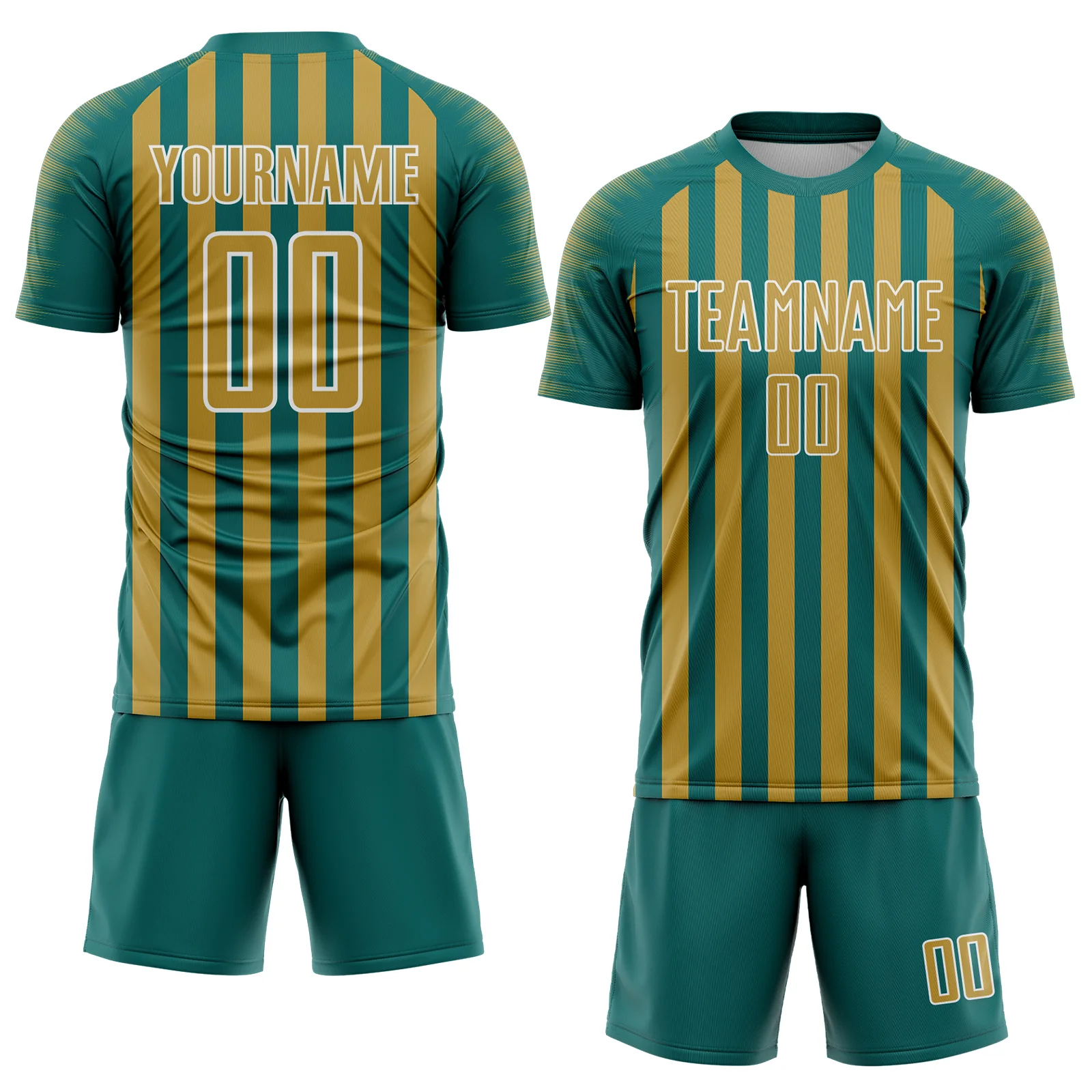 Custom Teal Old Gold-White Stripe Sports Sublimation Soccer Uniform Jersey - Image 2