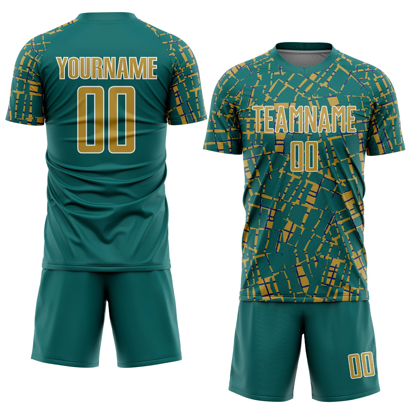 Custom Teal Old Gold-White Abstract Line Sports Sublimation Soccer Uniform Jersey - Image 2