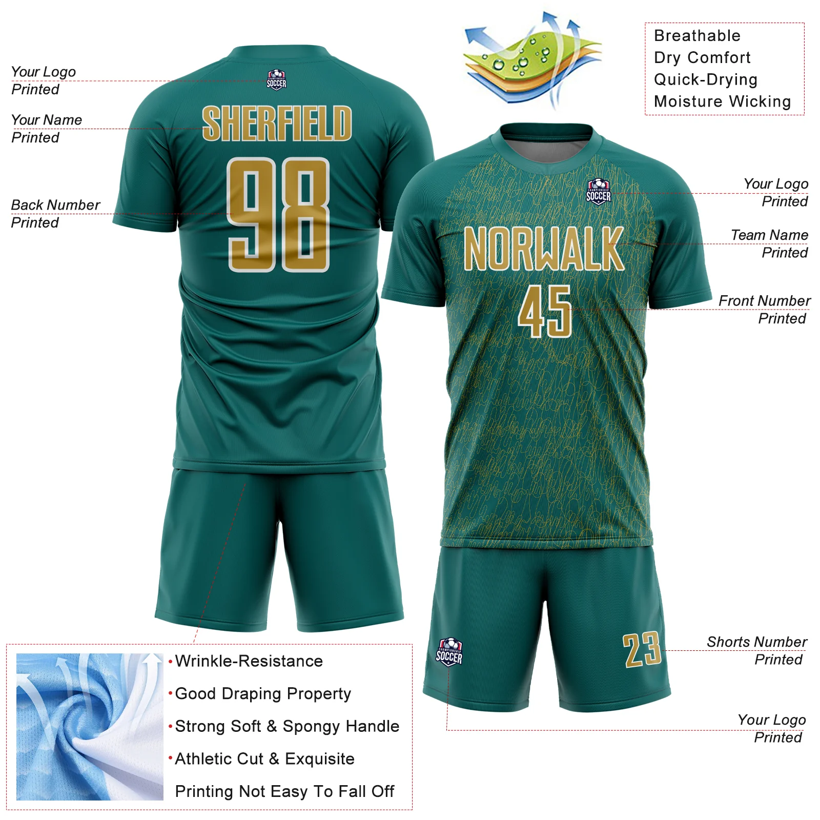 Custom Teal Old Gold-White Abstract Scribble Curve Line Pattern Sports Sublimation Soccer Uniform Jersey - Image 4