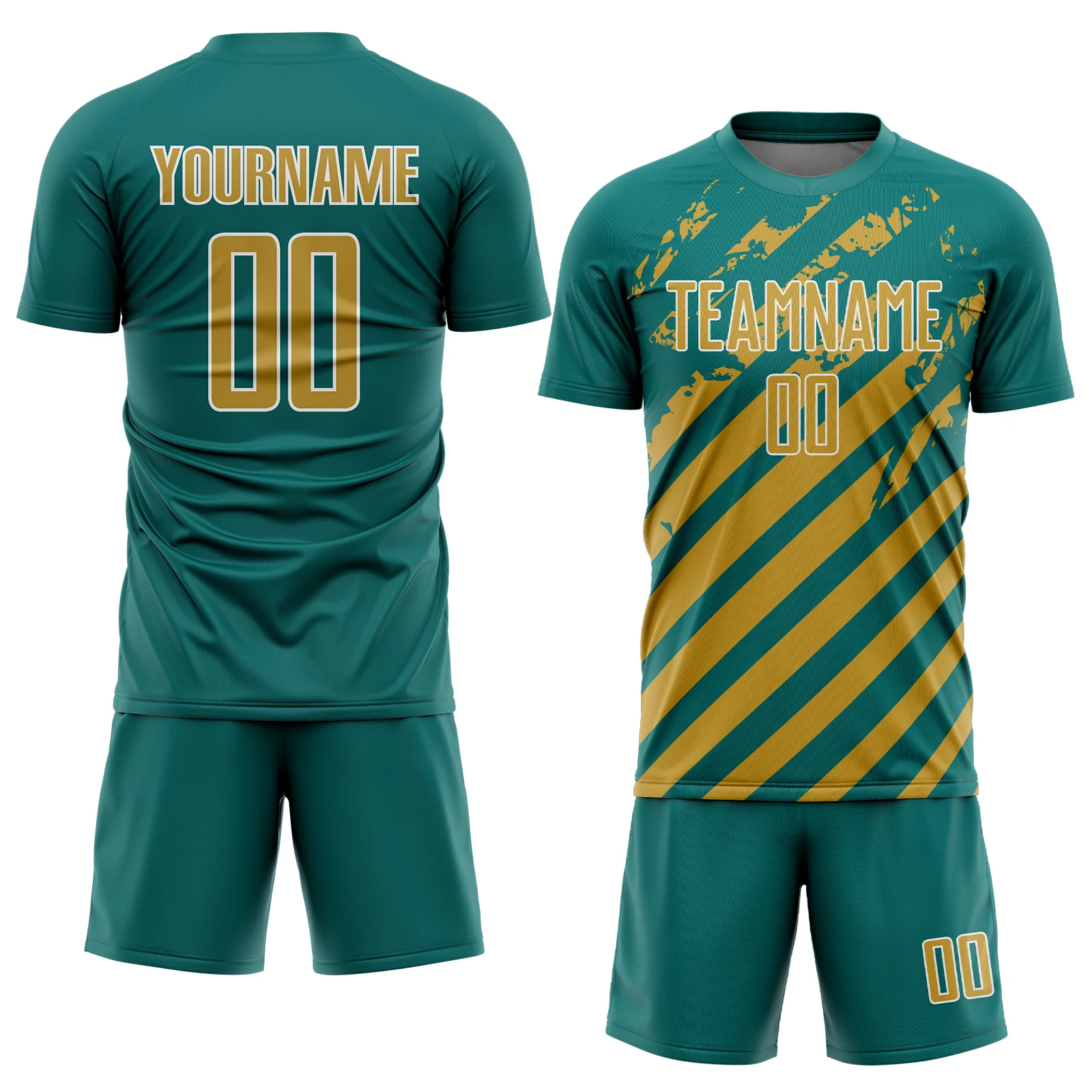 Custom Teal Old Gold-White Distressed Diagonal Stripe Pattern Sports Sublimation Soccer Uniform Jersey - Image 2