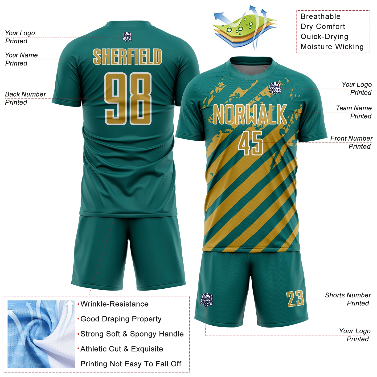 Custom Teal Old Gold-White Distressed Diagonal Stripe Pattern Sports Sublimation Soccer Uniform Jersey - Image 4