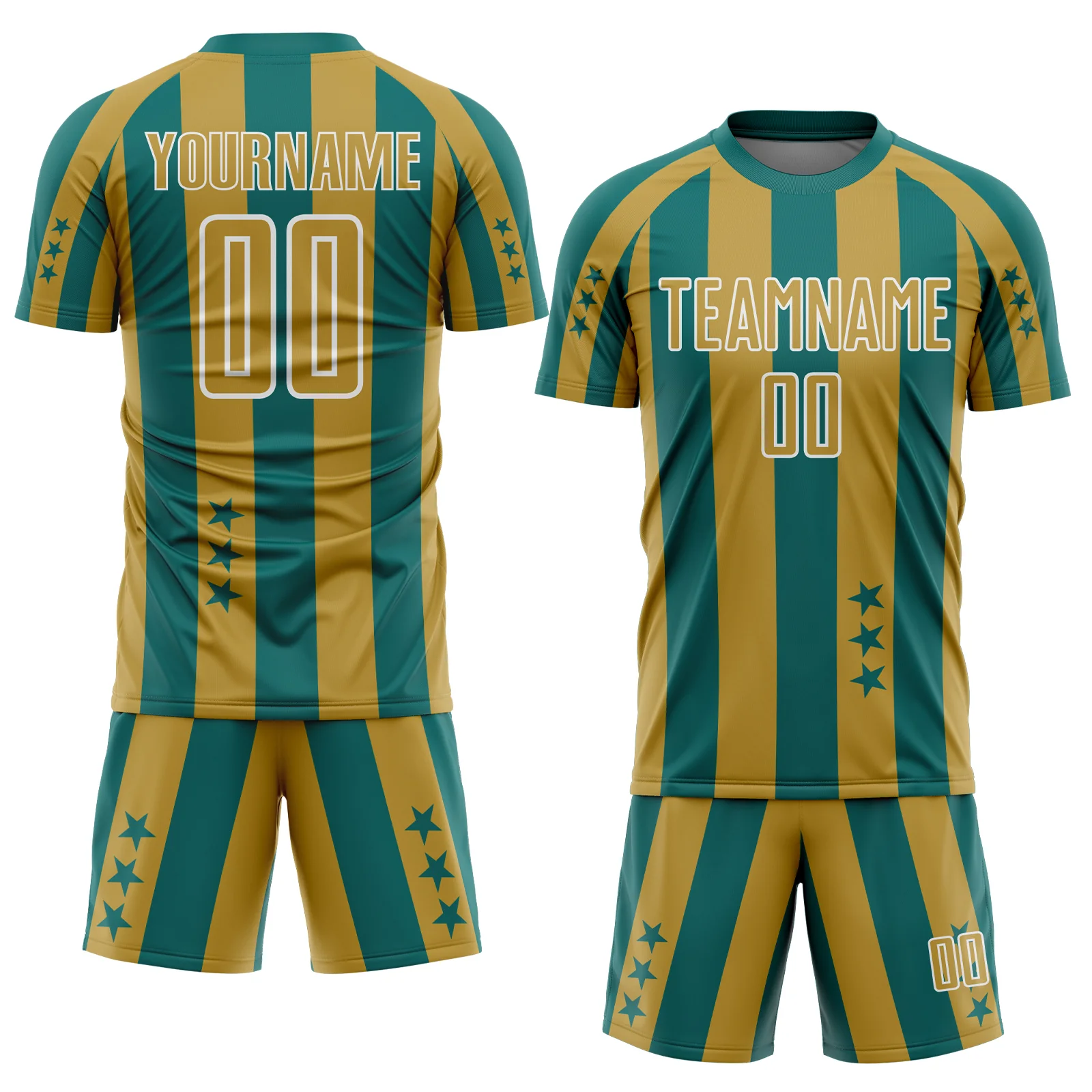 Custom Teal Old Gold-White Stars And Stripes Sports Sublimation Soccer Uniform Jersey - Image 2
