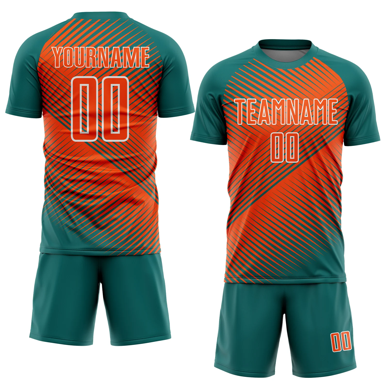 Custom Teal Orange-White Line Sublimation Soccer Uniform Jersey - Image 2