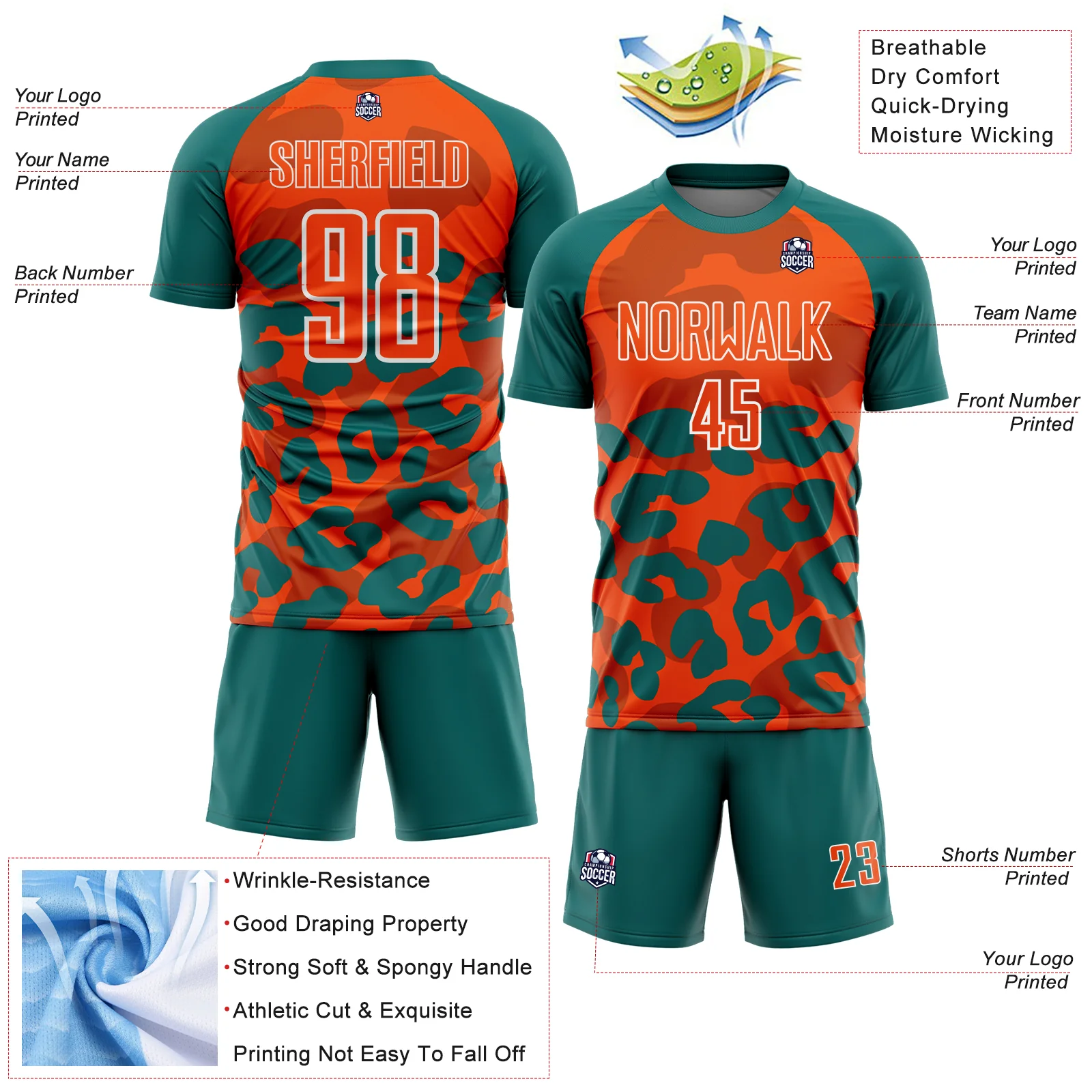 Custom Teal Orange-White Animal Leopard Print Sports Sublimation Soccer Uniform Jersey - Image 4