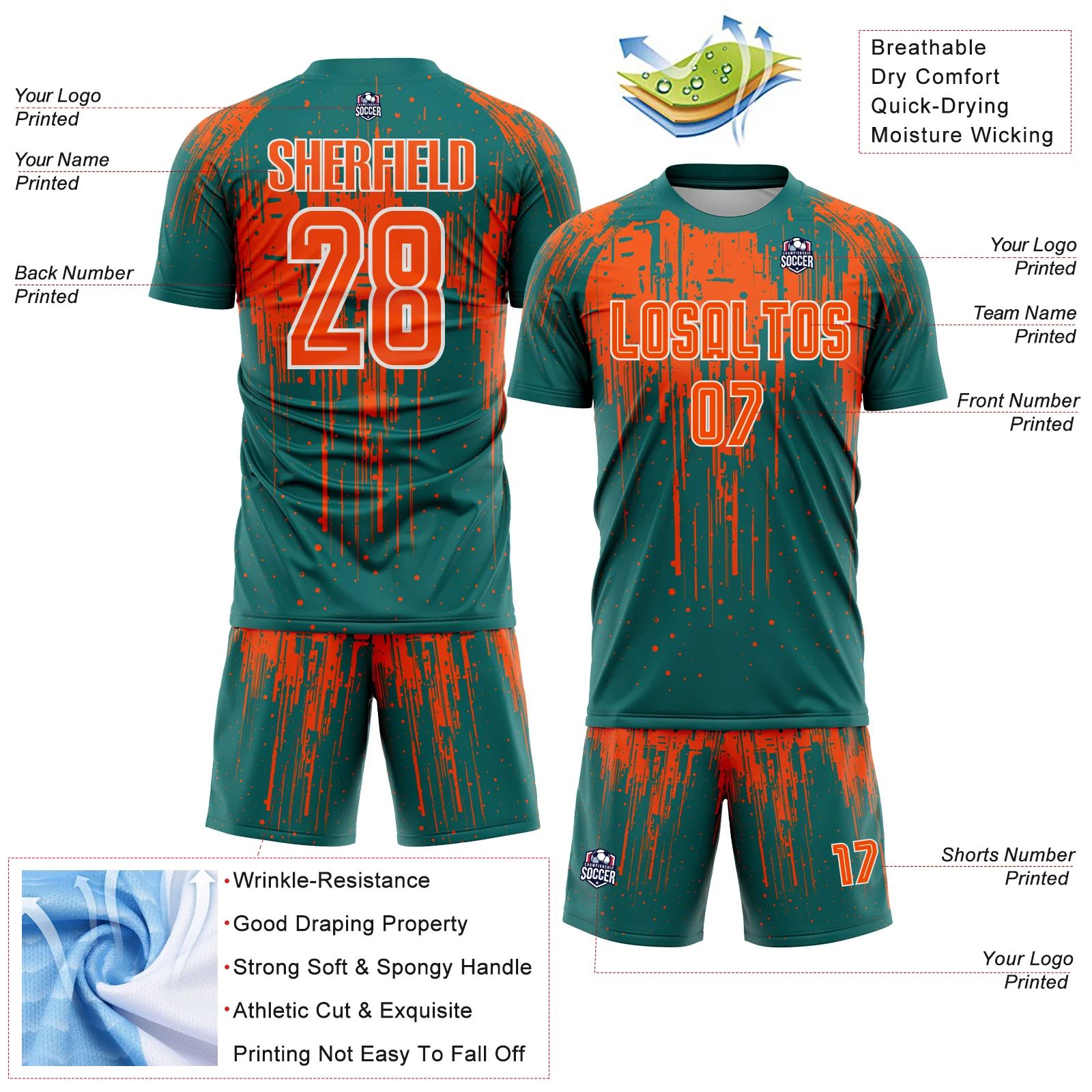 Custom Teal Orange-White Dripping Splatte Pattern Sports Sublimation Soccer Uniform Jersey - Image 4