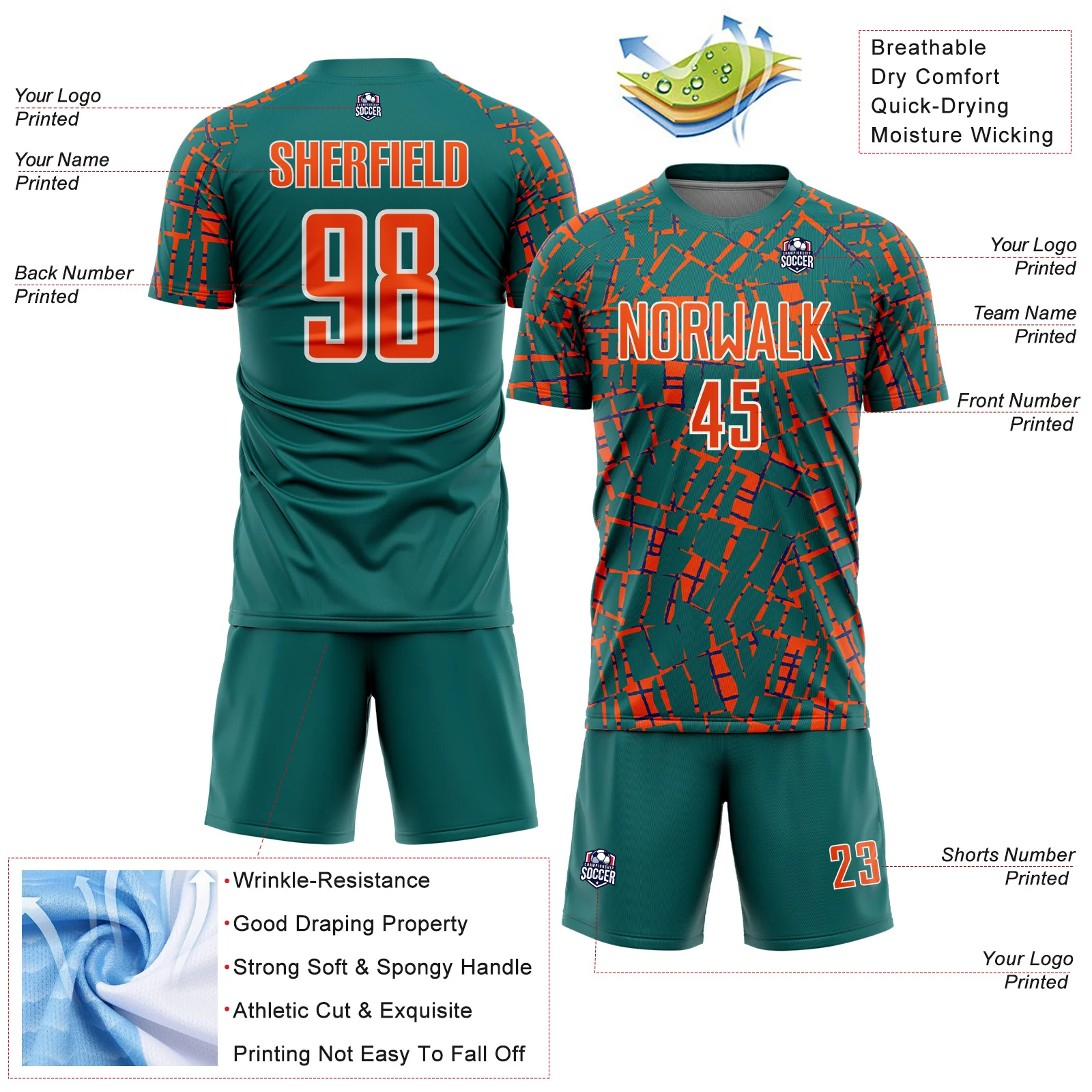 Custom Teal Orange-White Abstract Line Sports Sublimation Soccer Uniform Jersey - Image 4