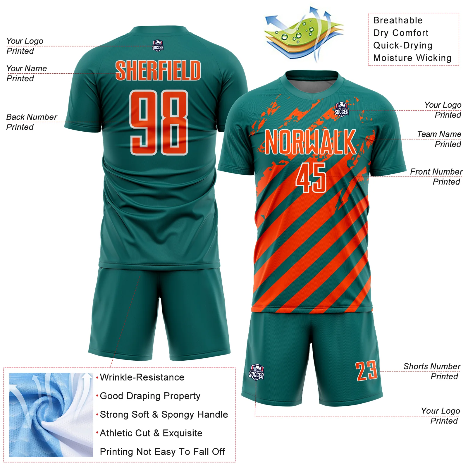 Custom Teal Orange-White Distressed Diagonal Stripe Pattern Sports Sublimation Soccer Uniform Jersey - Image 4