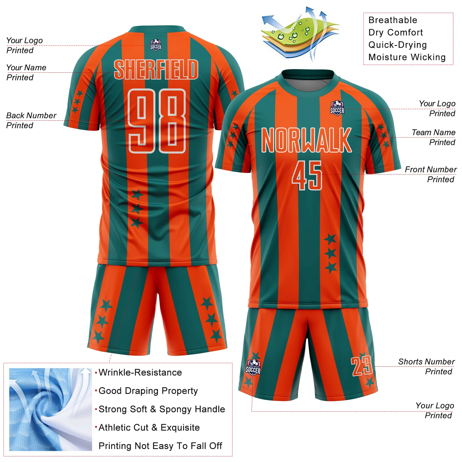 Custom Teal Orange-White Stars And Stripes Sports Sublimation Soccer Uniform Jersey - Image 4