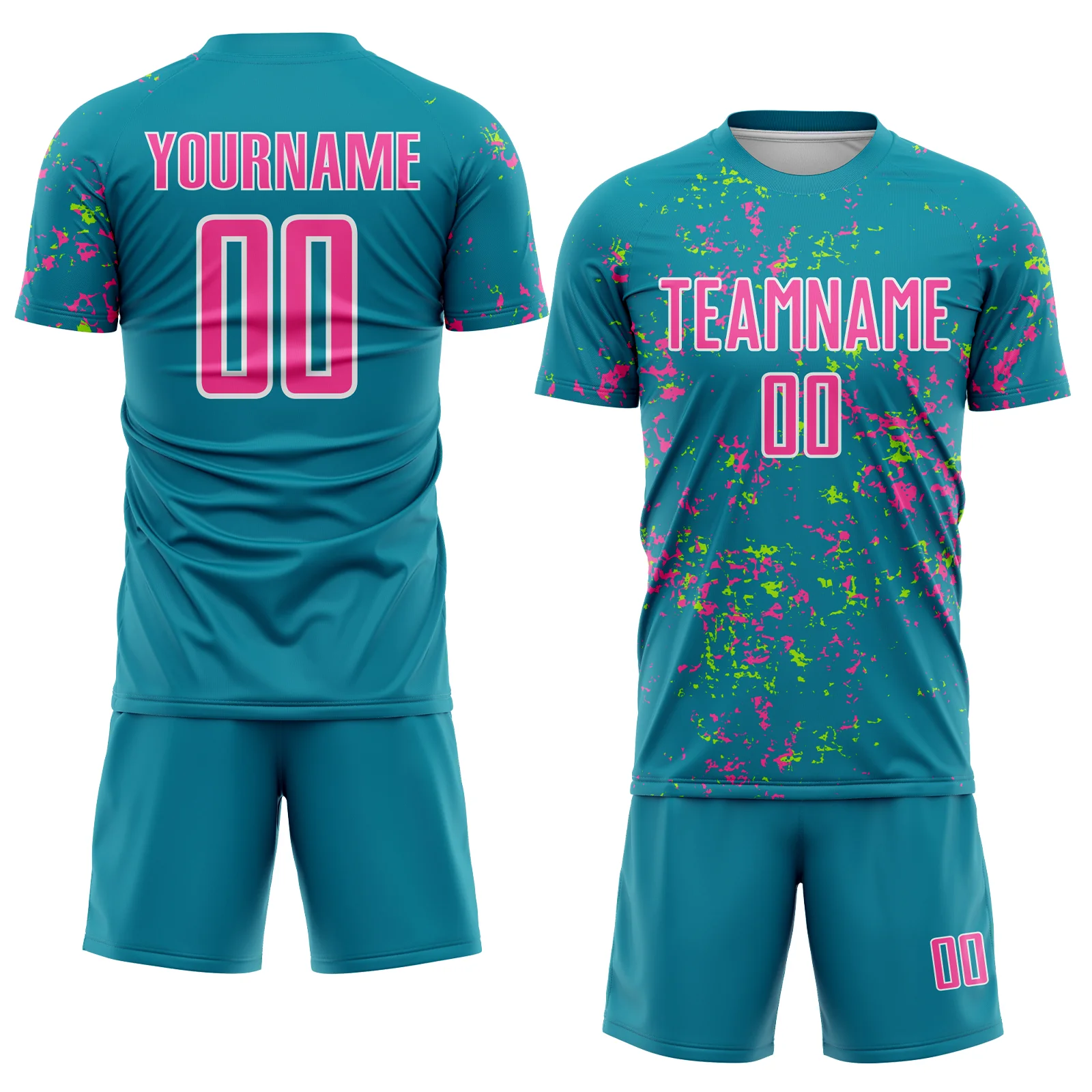 Custom Teal Pink-Neon Green Abstract Fragment Art Sublimation Soccer Uniform Jersey - Image 2