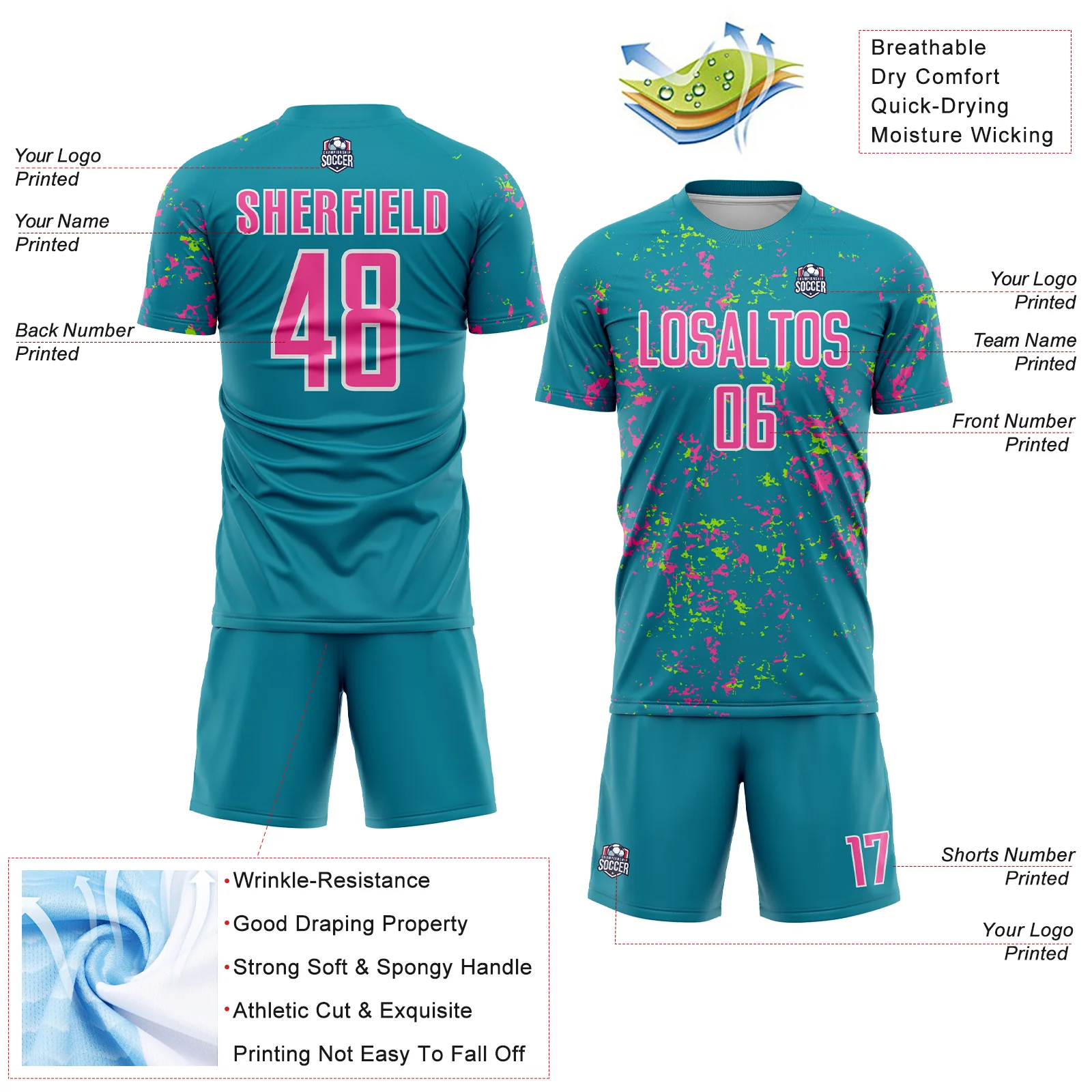 Custom Teal Pink-Neon Green Abstract Fragment Art Sublimation Soccer Uniform Jersey - Image 4