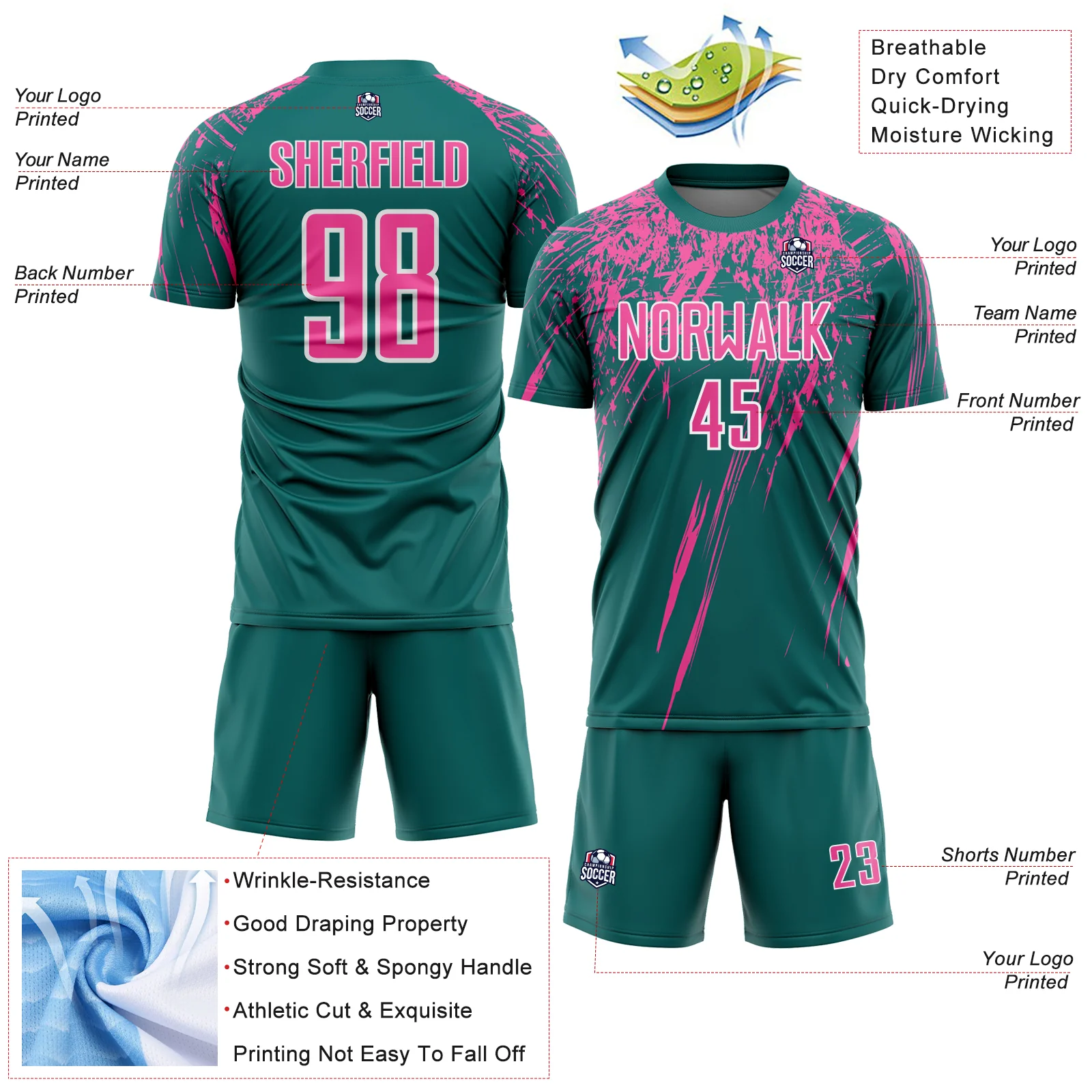 Custom Teal Pink-White Splash Sports Sublimation Soccer Uniform Jersey - Image 4