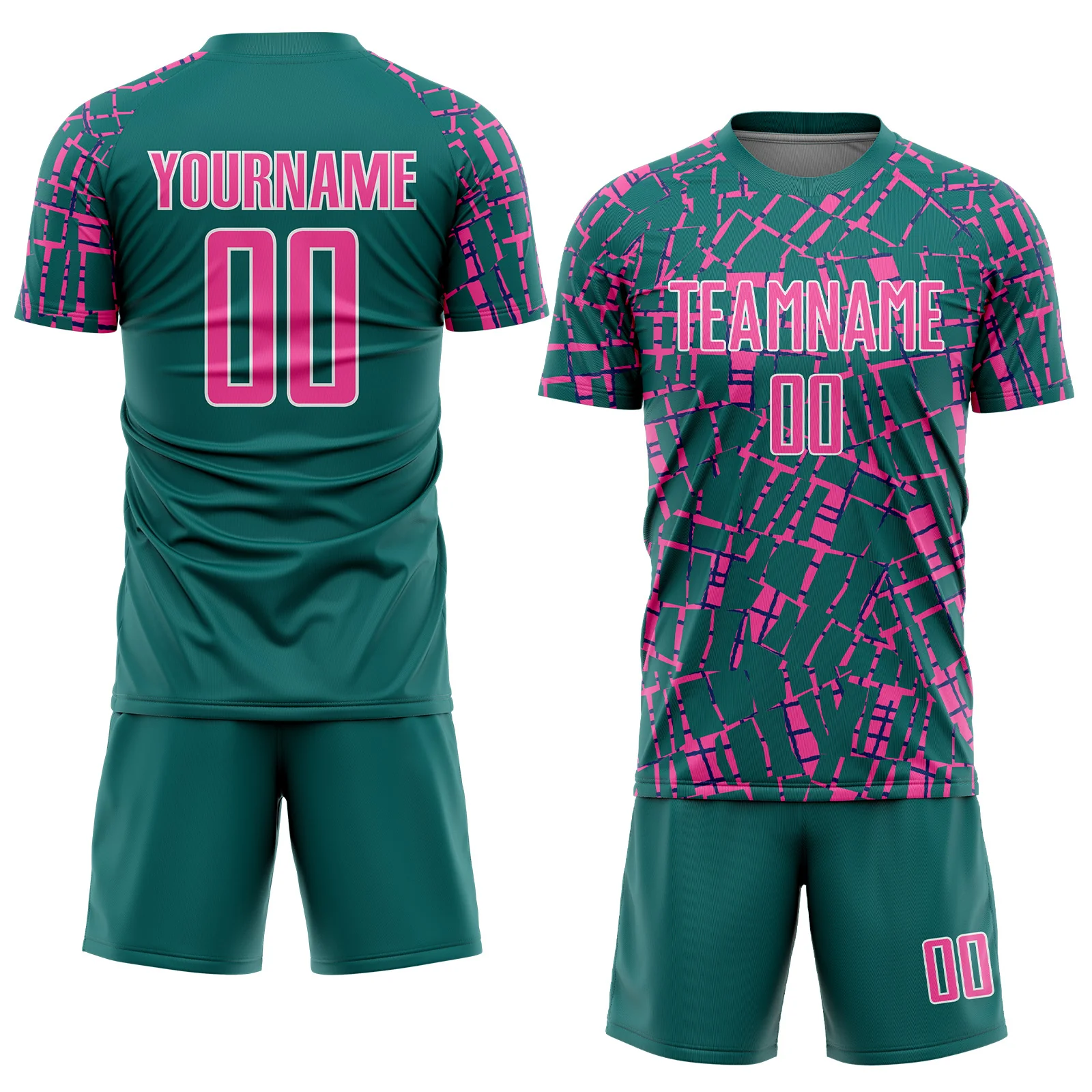 Custom Teal Pink-White Abstract Line Sports Sublimation Soccer Uniform Jersey - Image 2