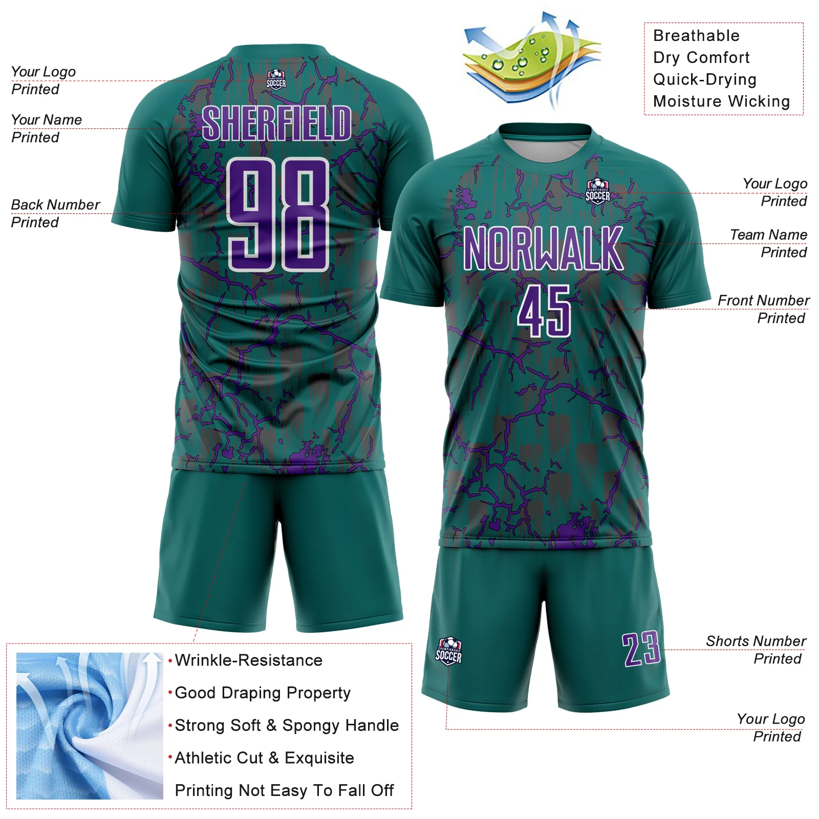 Custom Teal Purple-White Lightning Sublimation Soccer Uniform Jersey - Image 4
