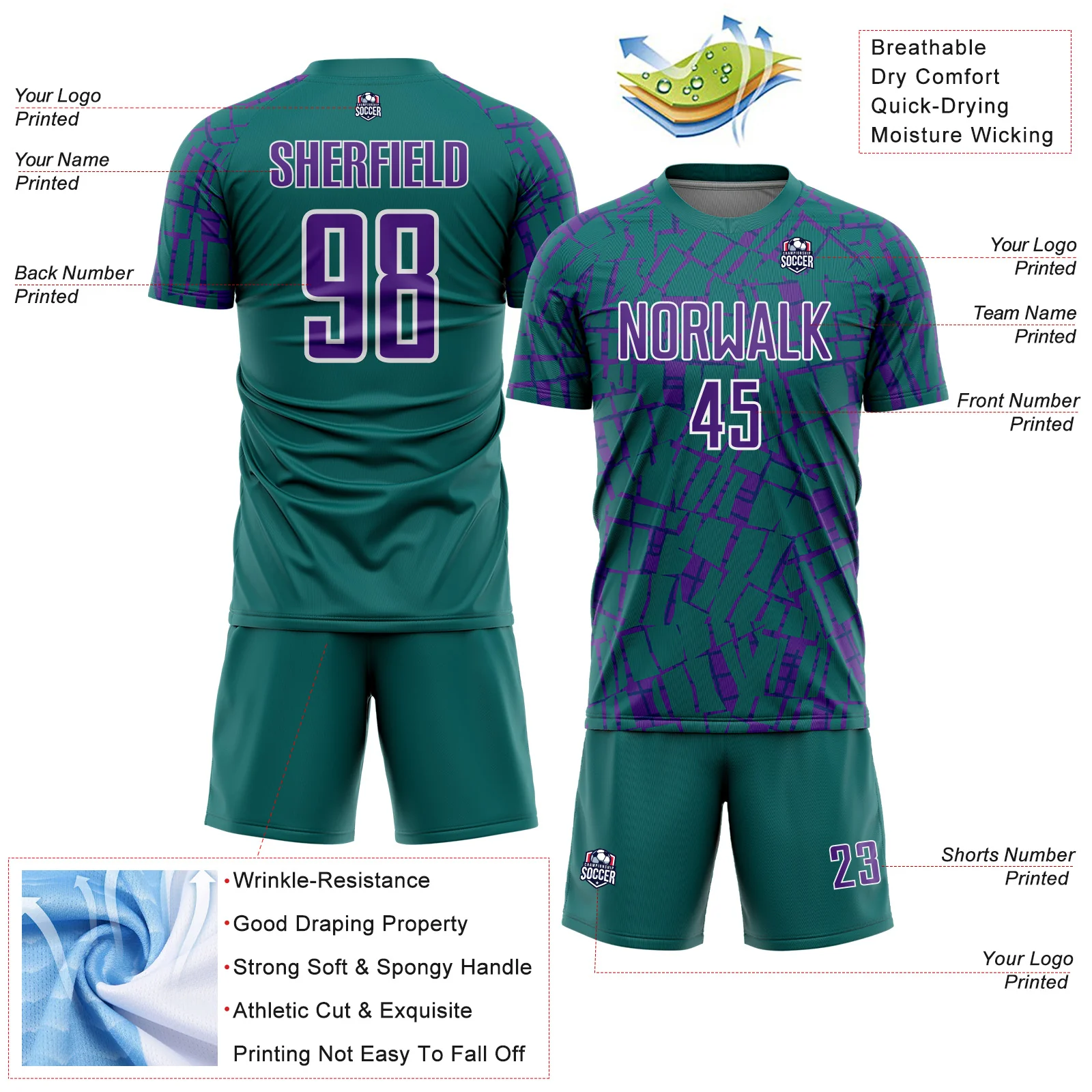 Custom Teal Purple-White Abstract Line Sports Sublimation Soccer Uniform Jersey - Image 4