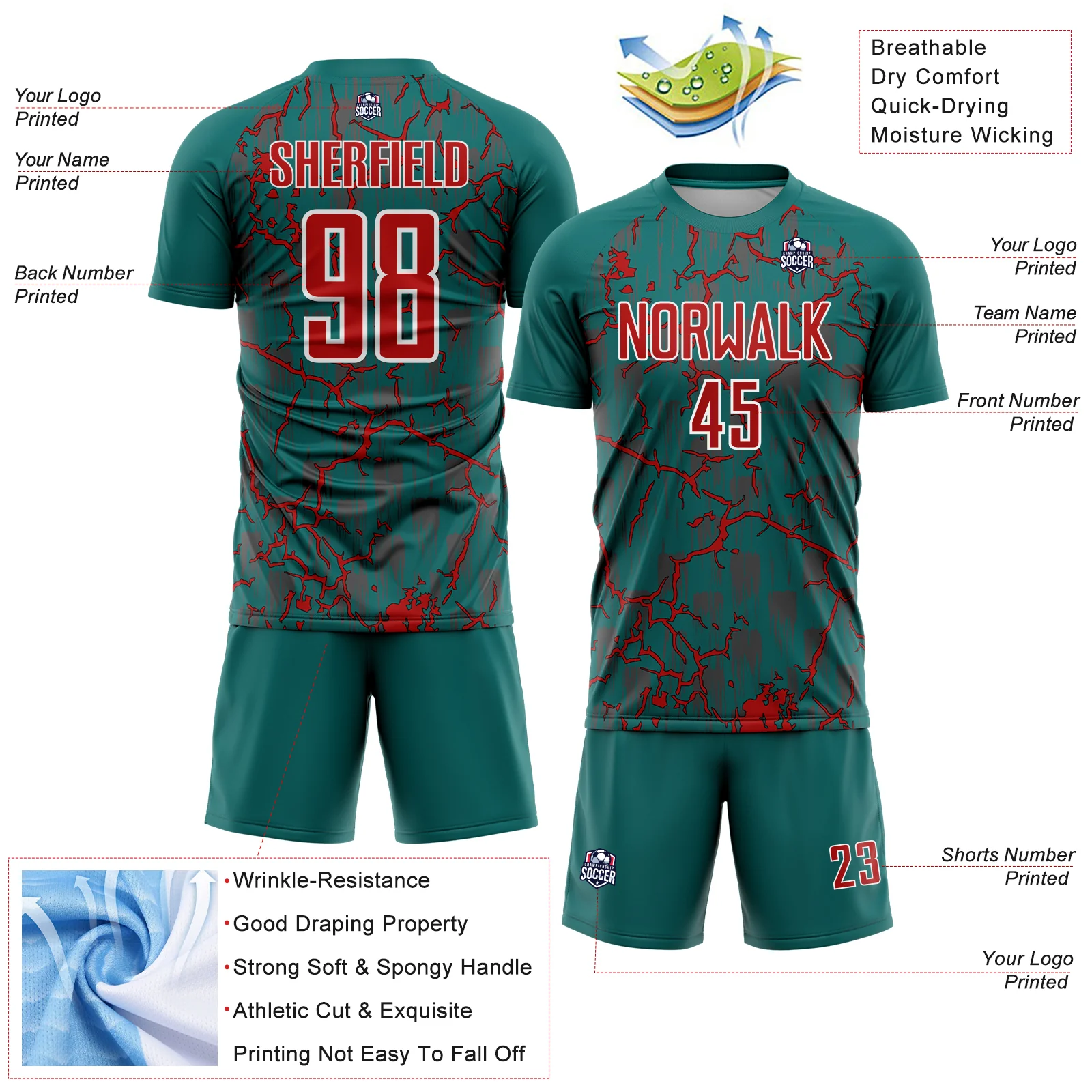 Custom Teal Red-White Lightning Sublimation Soccer Uniform Jersey - Image 4