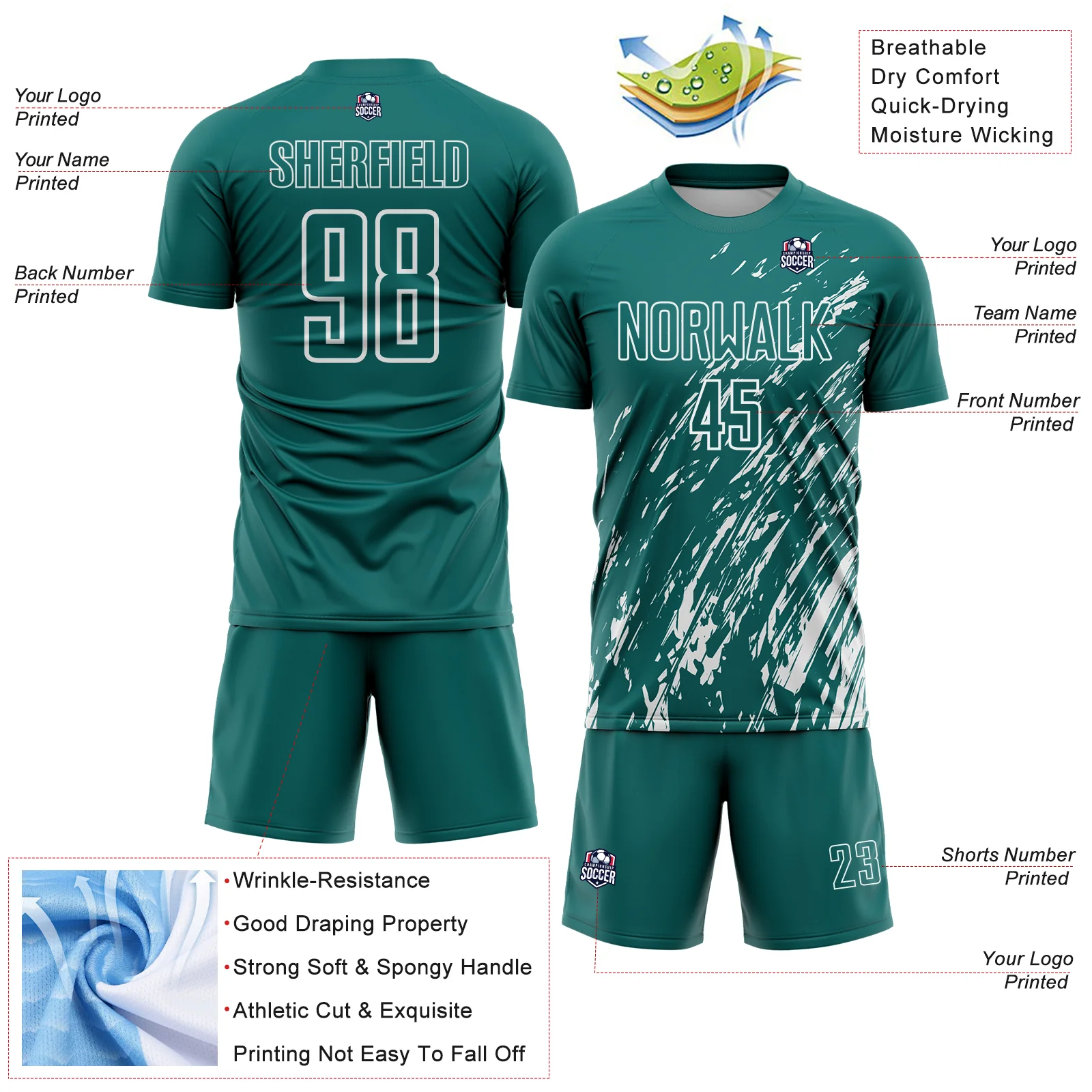 Custom Teal White Splash Sublimation Soccer Uniform Jersey - Image 4
