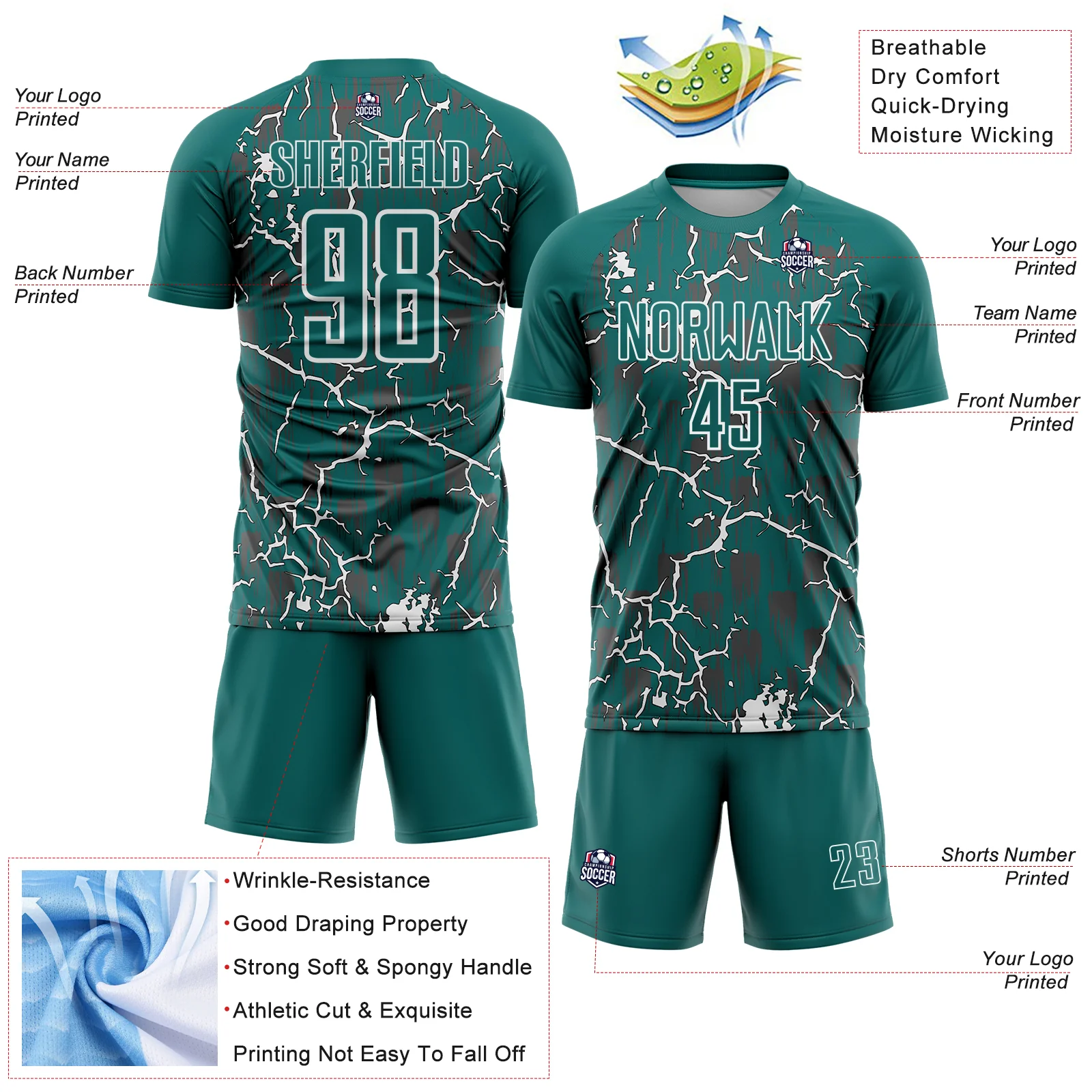 Custom Teal White Lightning Sublimation Soccer Uniform Jersey - Image 4