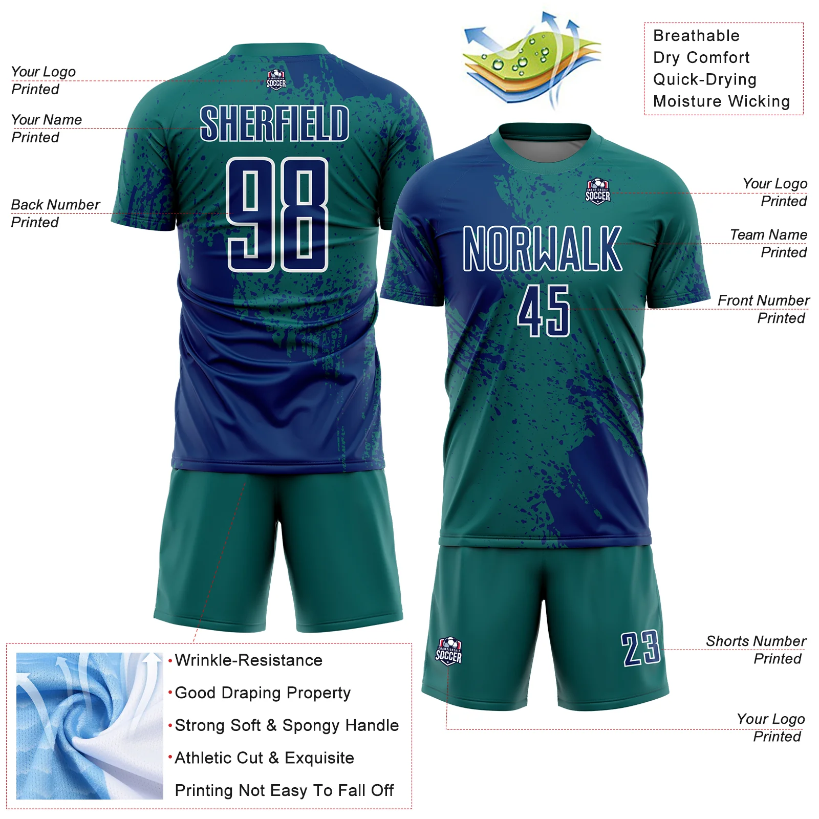 Custom Teal US Navy Blue-White Abstract Brush Stroke Sports Sublimation Soccer Uniform Jersey - Image 4