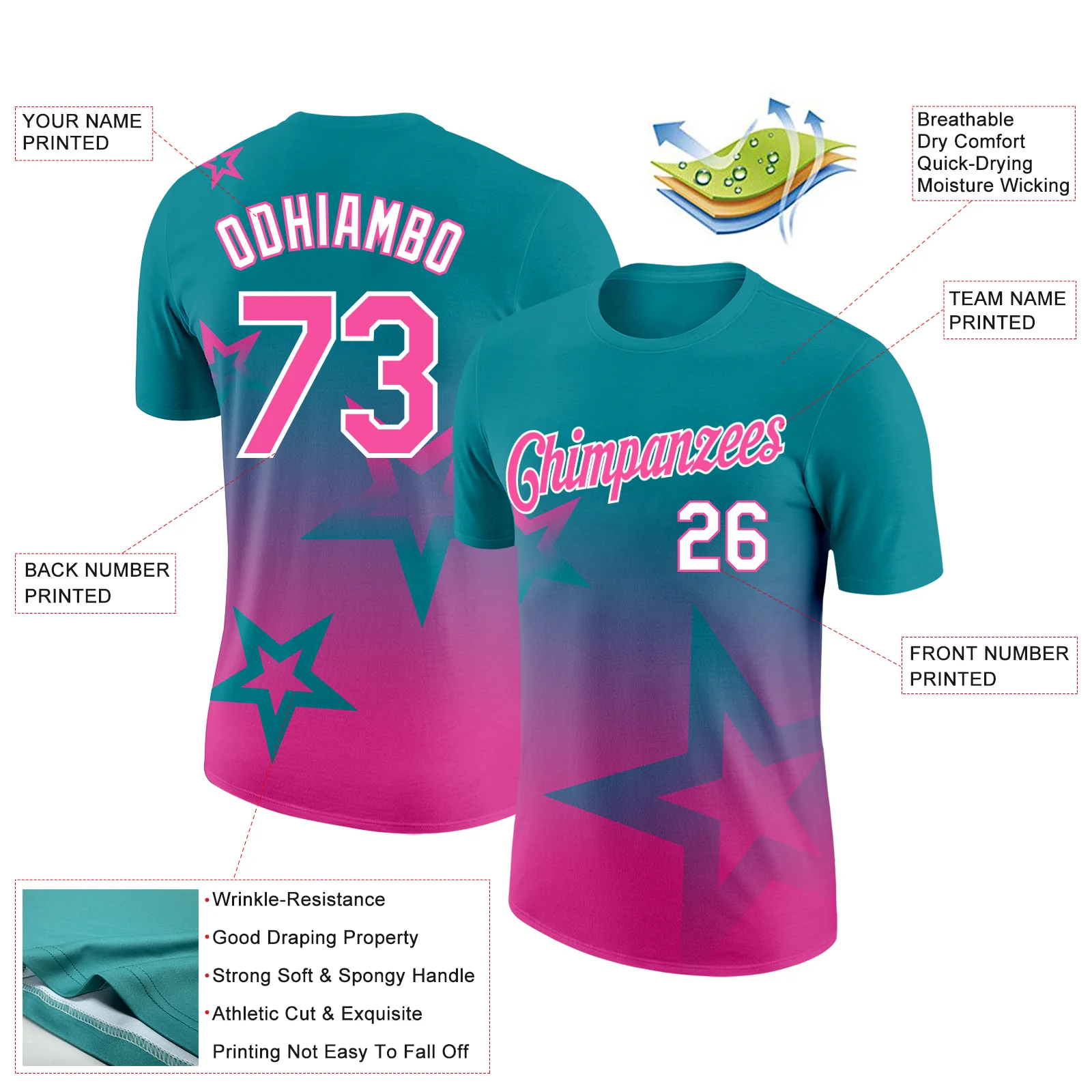 Custom Teal Pink-White 3D Pattern Design Gradient Style Twinkle Star Performance T-Shirt - Image 2