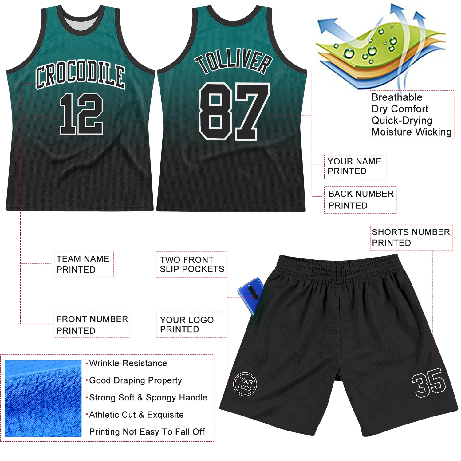 Custom Teal Black-White Fade Fashion Round Neck Sublimation Basketball Suit Jersey - Image 3