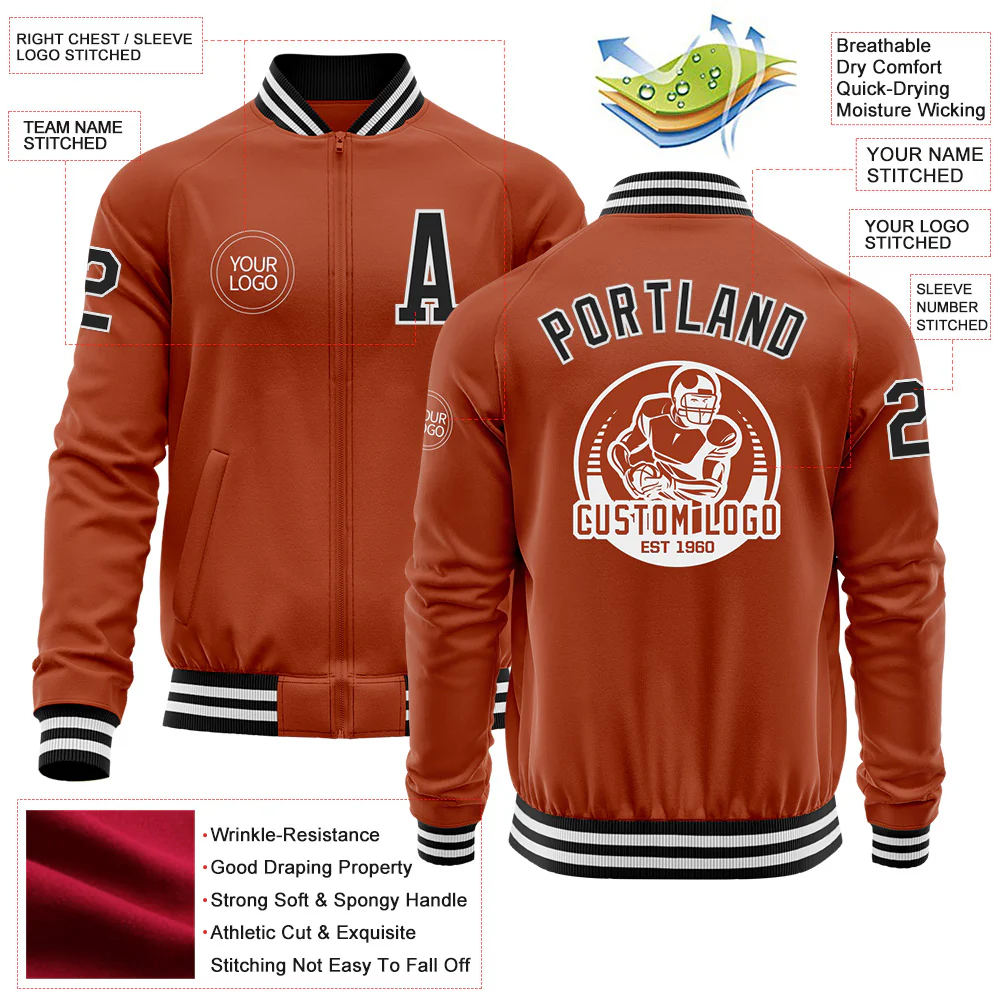 Custom Texas Orange Black-White Bomber Varsity Letterman Zipper Jacket - Image 4