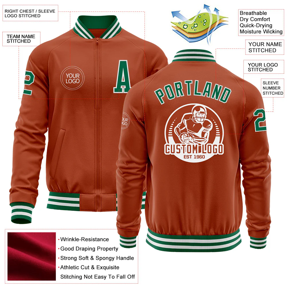 Custom Texas Orange Kelly Green-White Bomber Varsity Letterman Zipper Jacket - Image 4