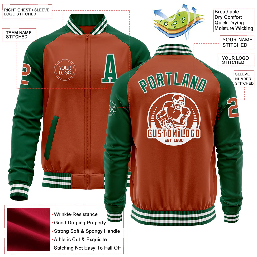 Custom Texas Orange White-Kelly Green Bomber Varsity Letterman Two Tone Zipper Jacket - Image 4