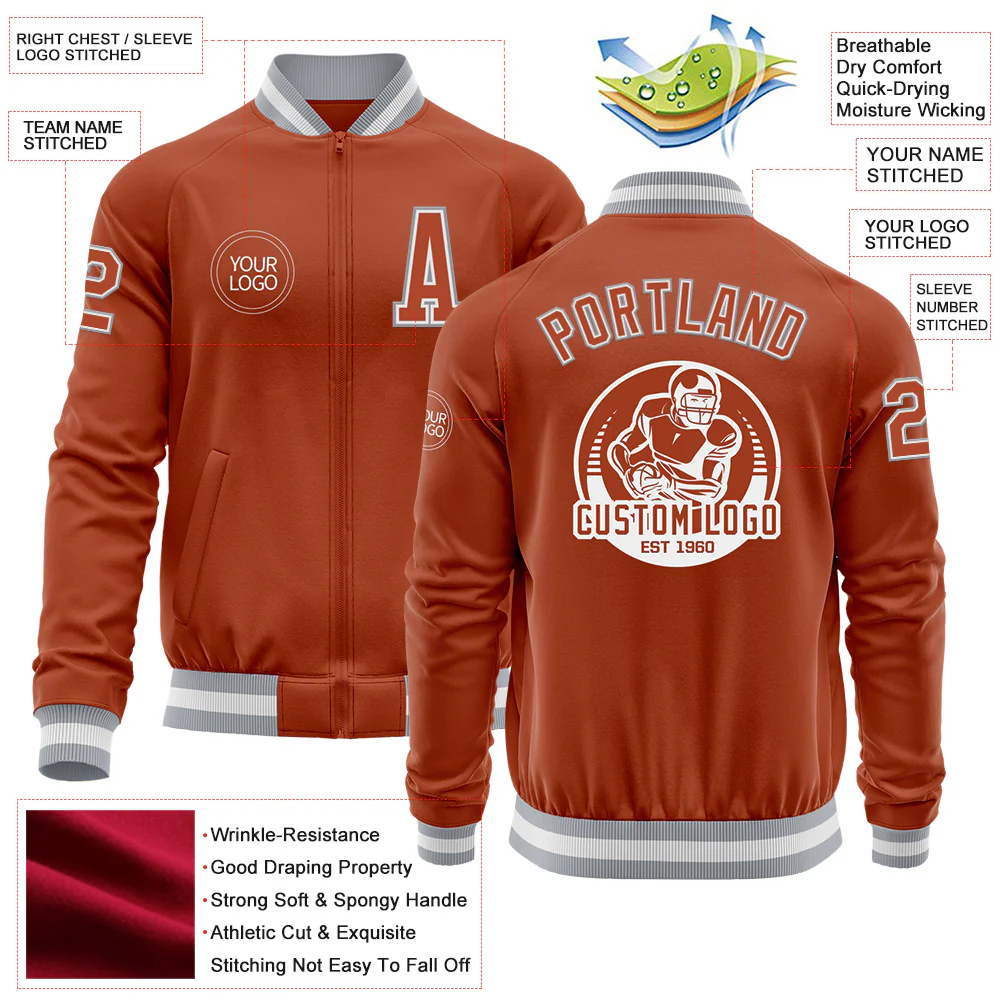 Custom Texas Orange White-Gray Bomber Varsity Letterman Zipper Jacket - Image 4