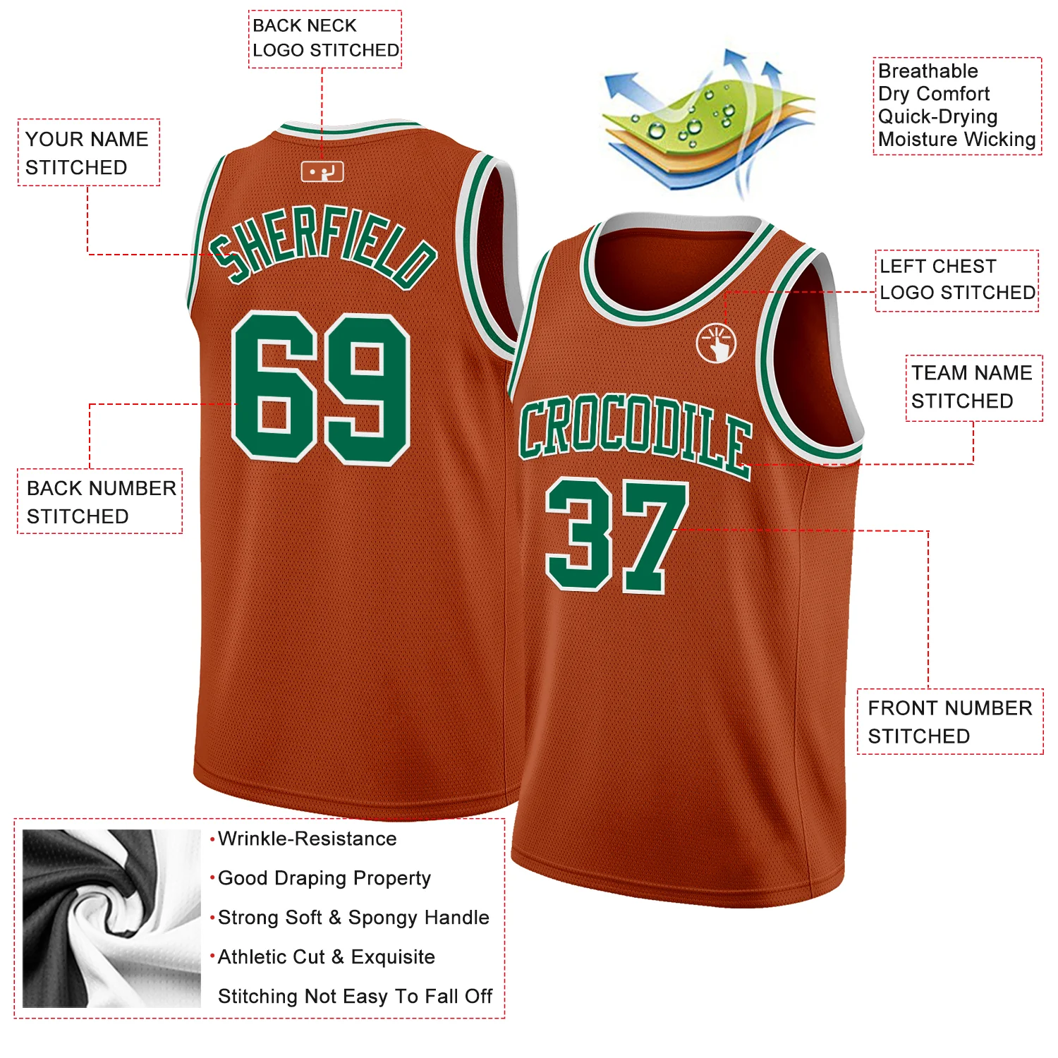 Custom Texas Orange Kelly Green-White Authentic Basketball Jersey - Image 2