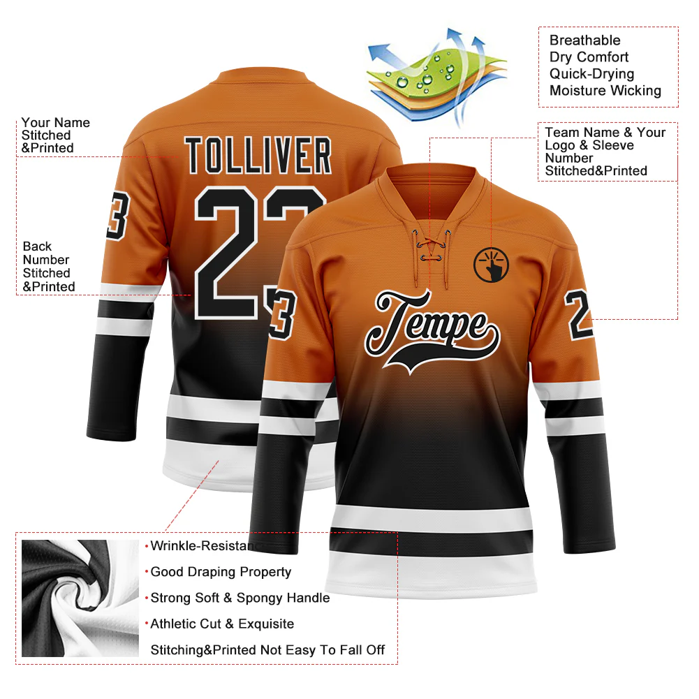 Custom Texas Orange Black-White Fade Fashion Hockey Lace Neck Jersey - Image 5