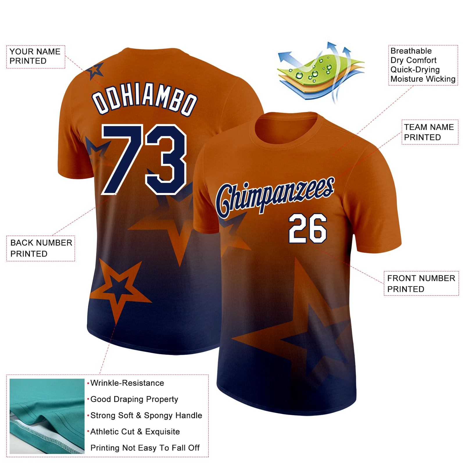 Custom Texas Orange Navy-White 3D Pattern Design Gradient Style Twinkle Star Performance T-Shirt - Image 2