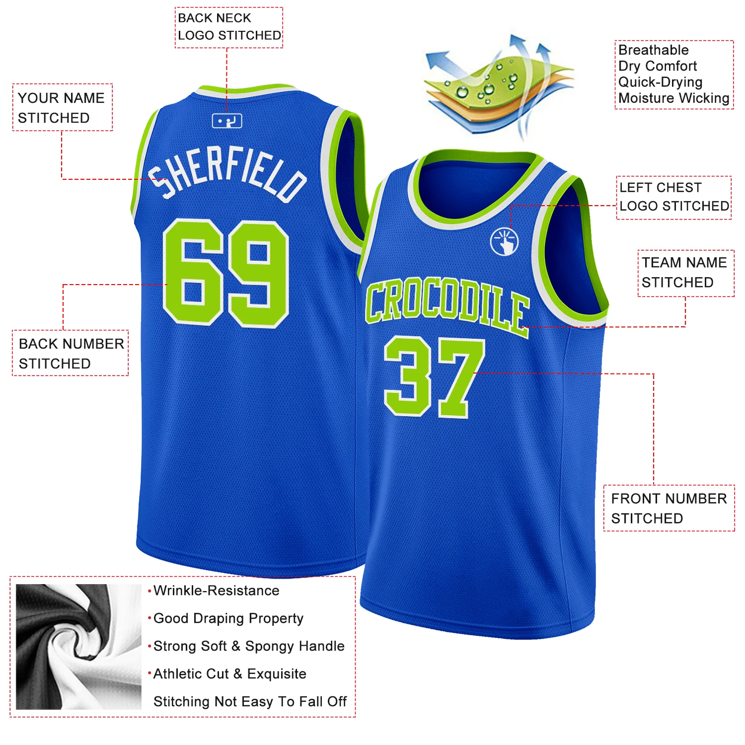 Custom Thunder Blue Neon Green-White Authentic Basketball Jersey - Image 2