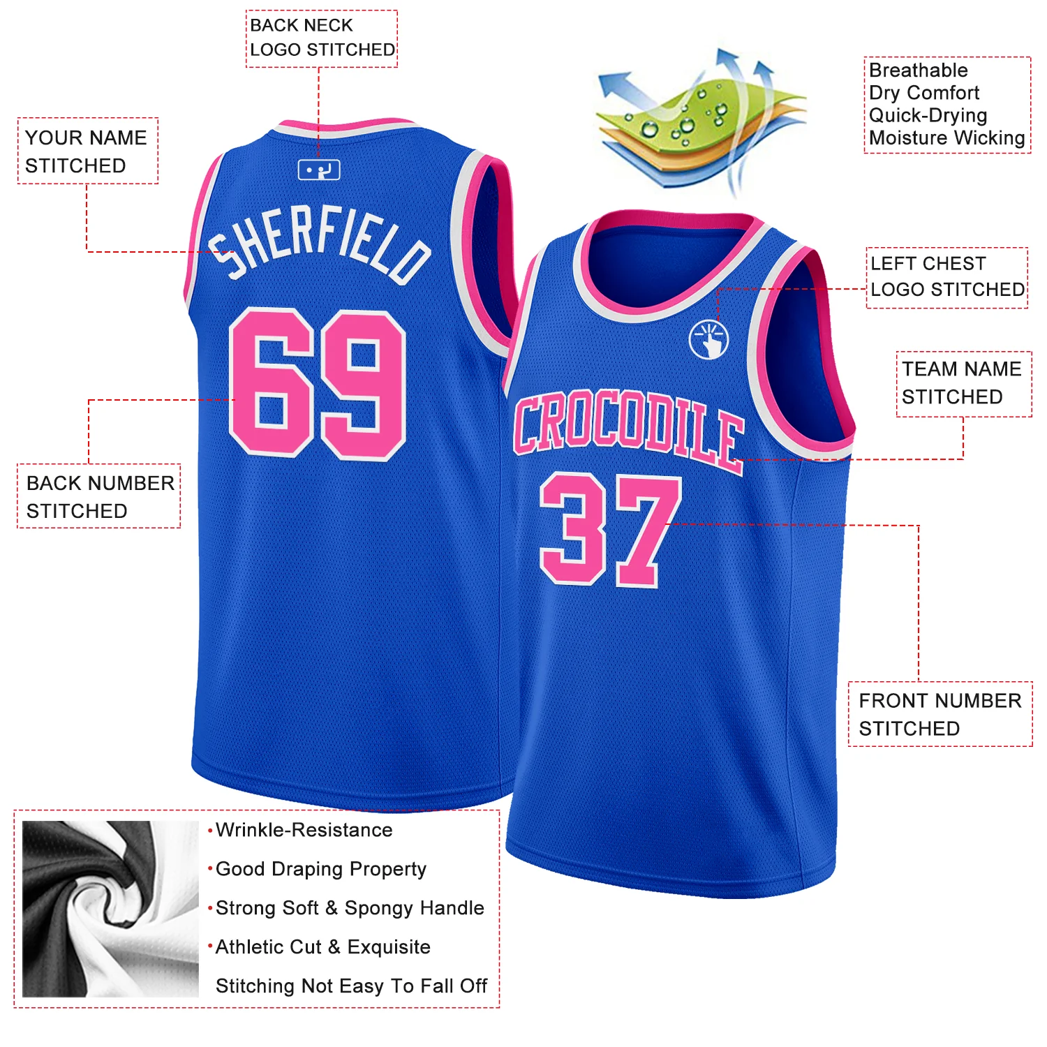 Custom Thunder Blue Pink-White Authentic Basketball Jersey - Image 2