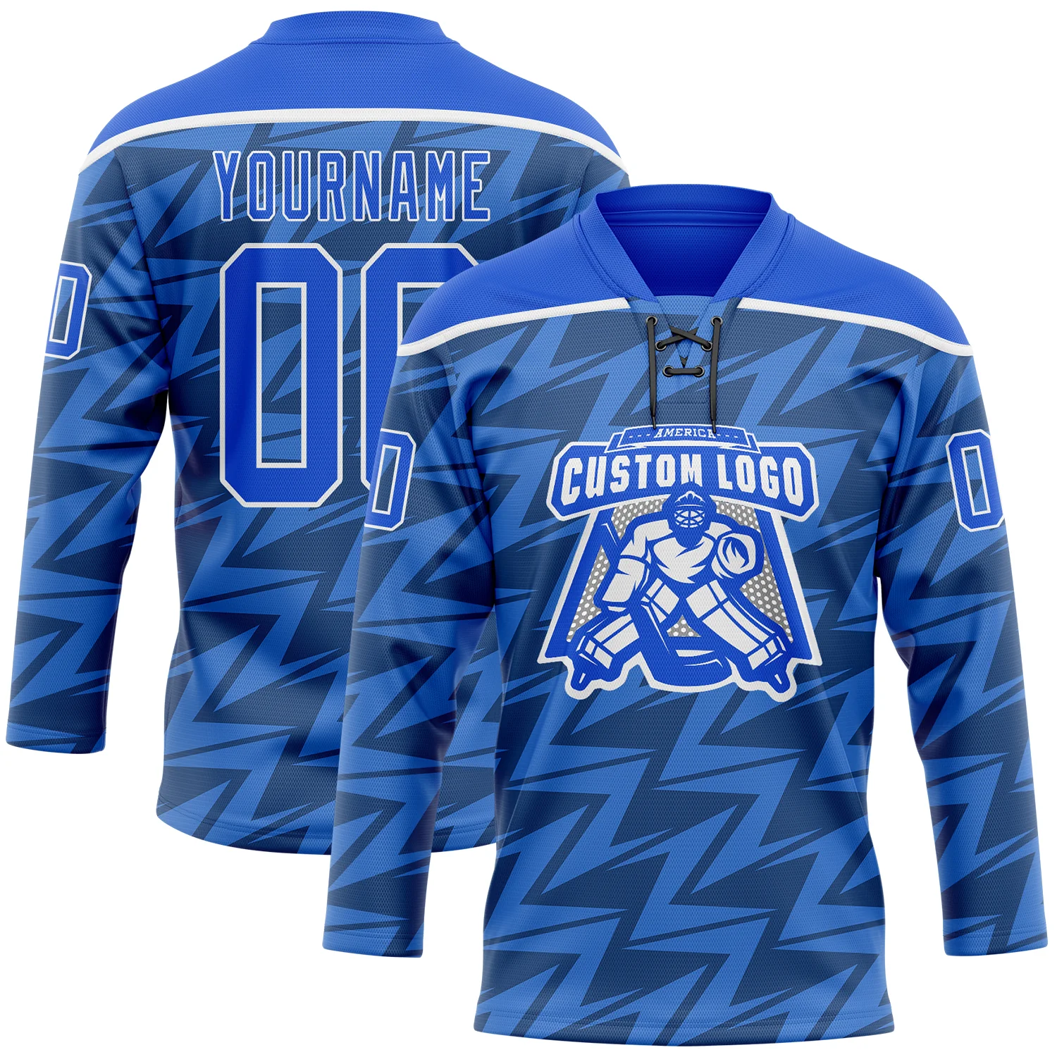 Custom Thunder Blue White Lightning Hockey Lace Neck Jersey - Image 2