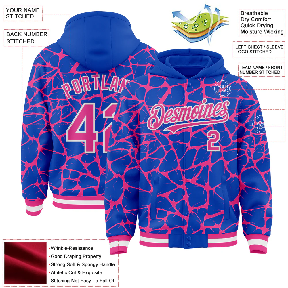 Custom Thunder Blue Pink-White Abstract Network Bomber Full-Snap Varsity Letterman Hoodie Jacket - Image 4
